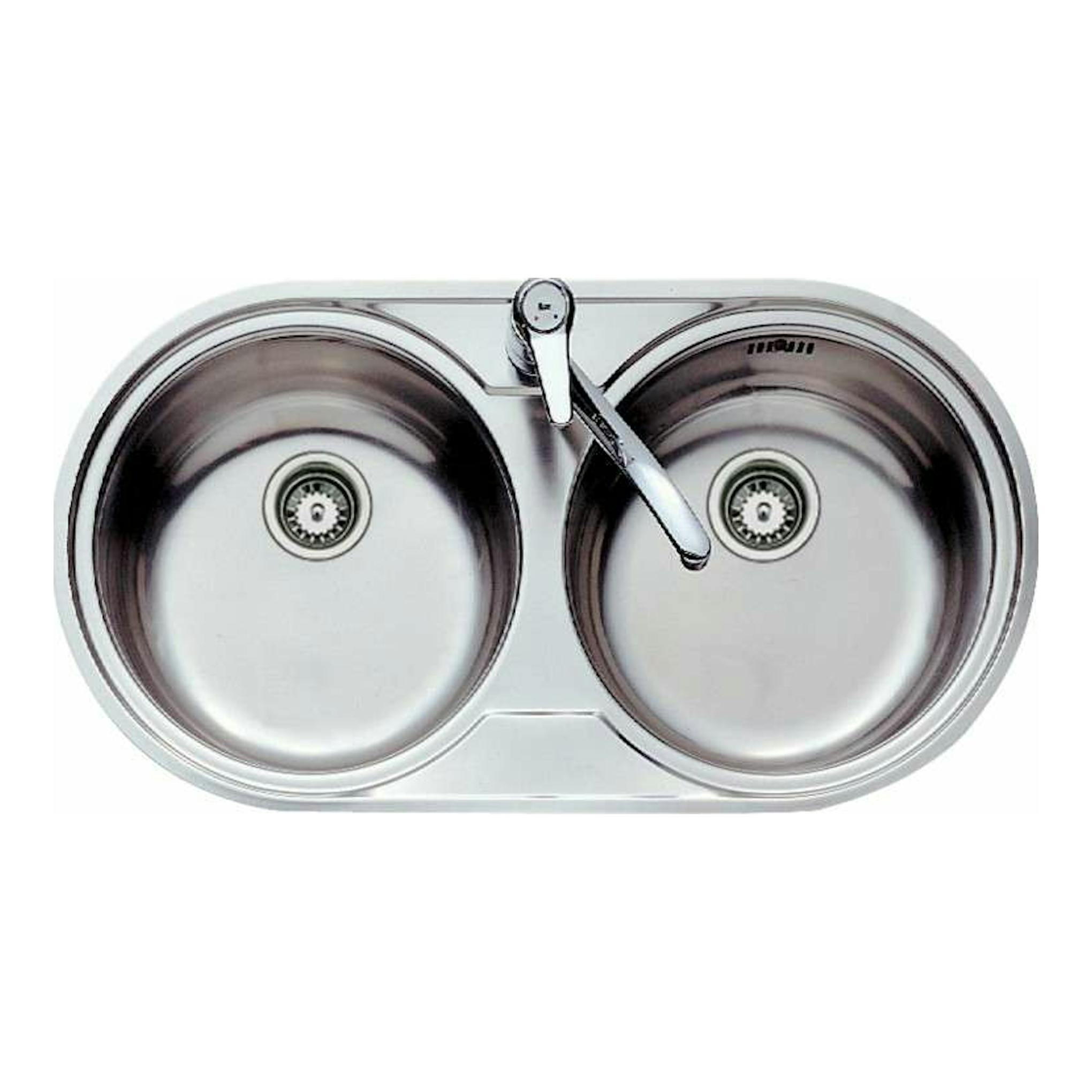 Fregadero Teka DR-80 2C inox de doble seno, vista frontal, con orificio para grifo.