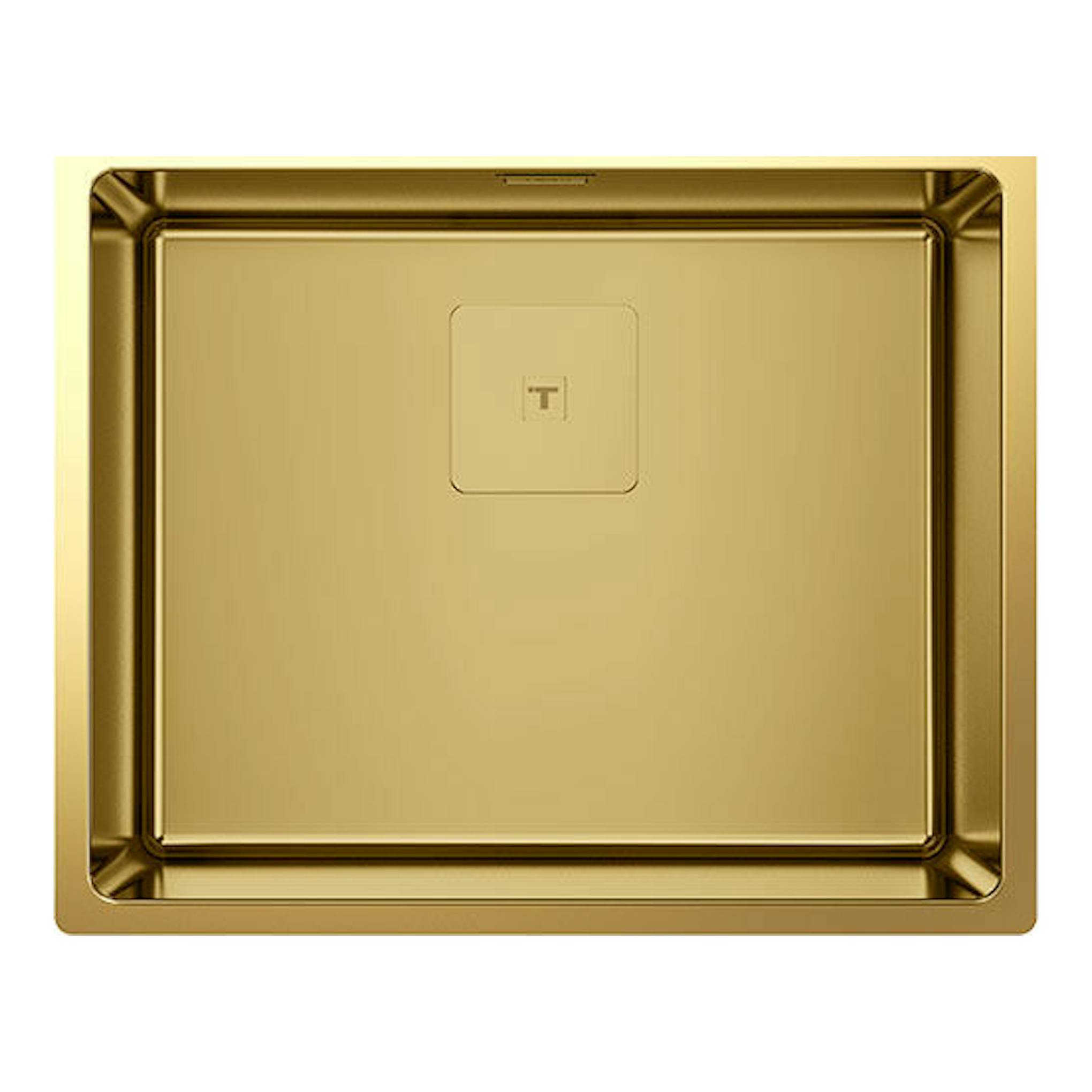 Fregadero Teka FlexLinea RS15 50.40 dorado, vista superior, cubeta cuadrada con desagüe central.