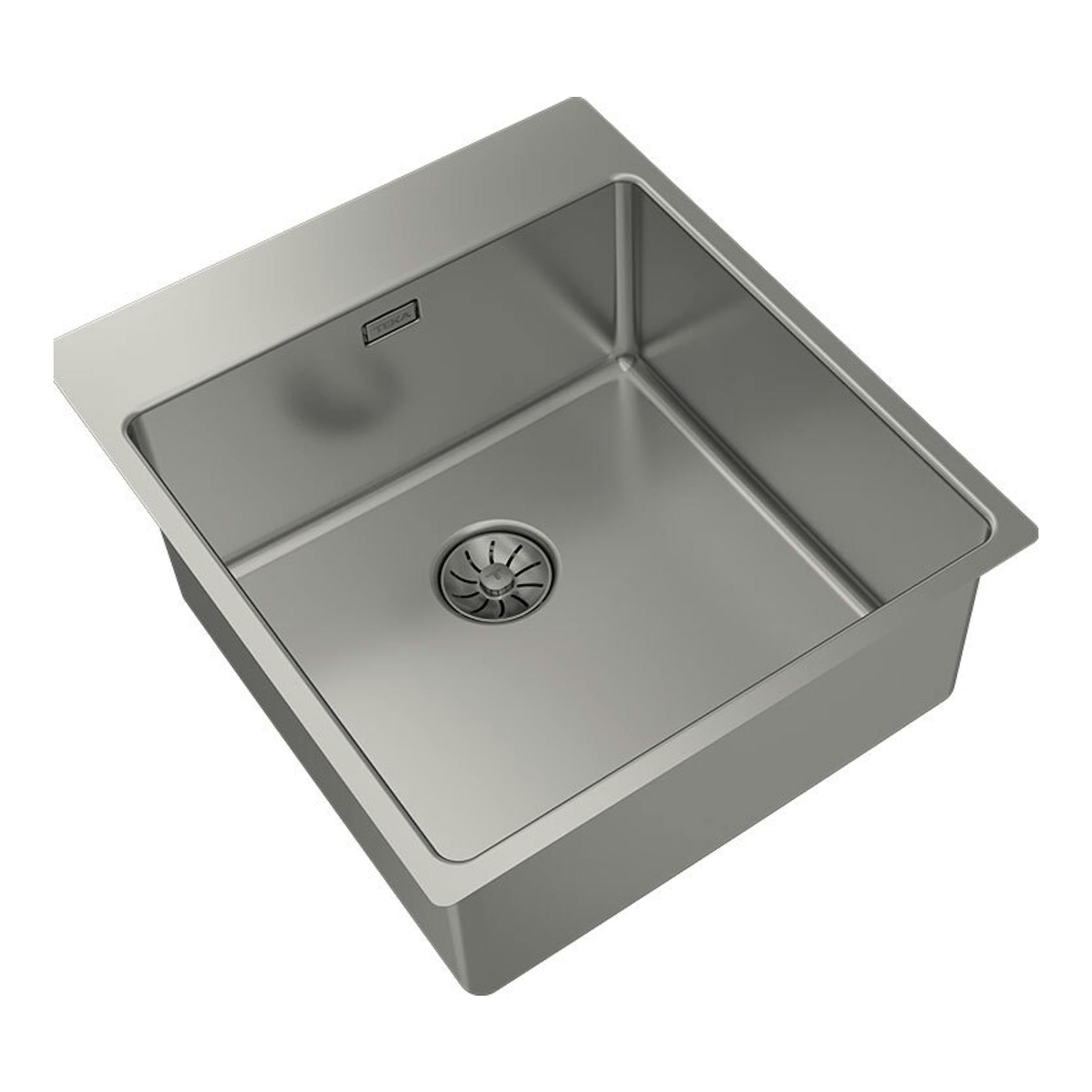 Fregadero Teka Forlinea RS15 4040 inox, vista cenital en ángulo, cubeta cuadrada de acero inoxidable.
