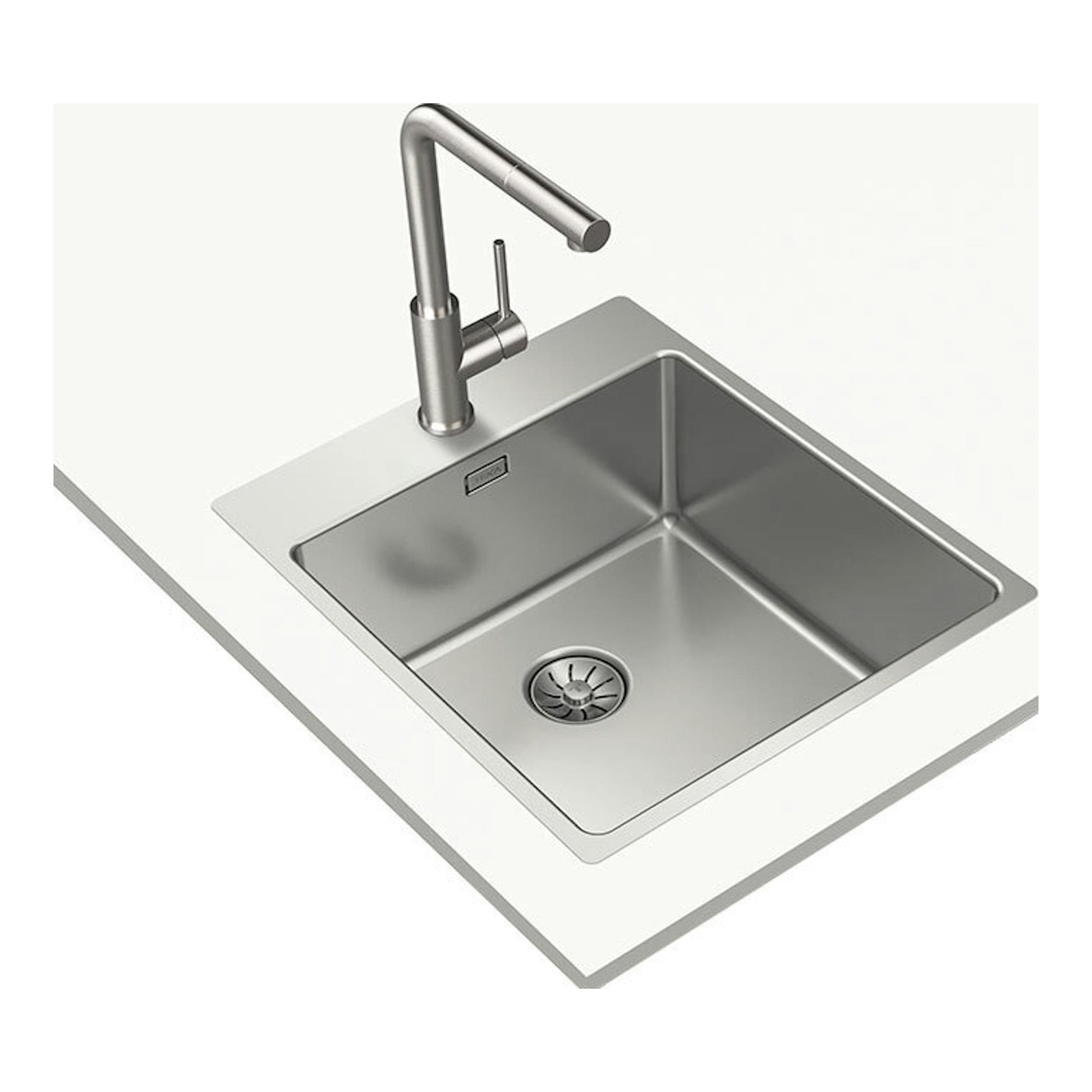 Fregadero Teka Forlinea RS15 4040 inox, vista superior en ángulo, con grifo monomando y desagüe.
