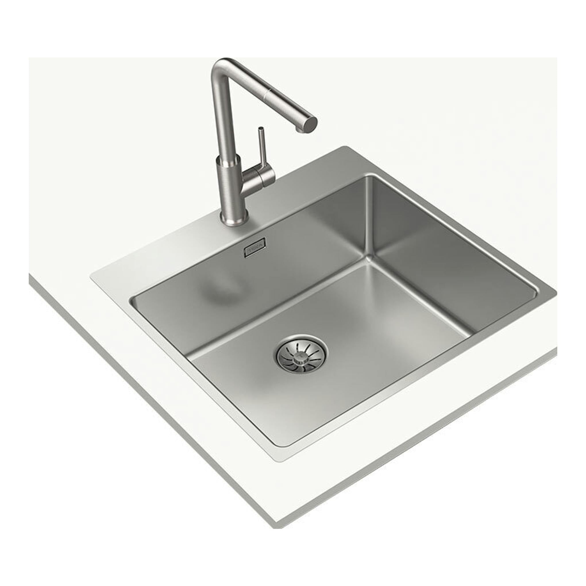 Fregadero Teka Forlinea RS15 5040 inox, vista cenital en ángulo, acero inoxidable con grifo monomando.