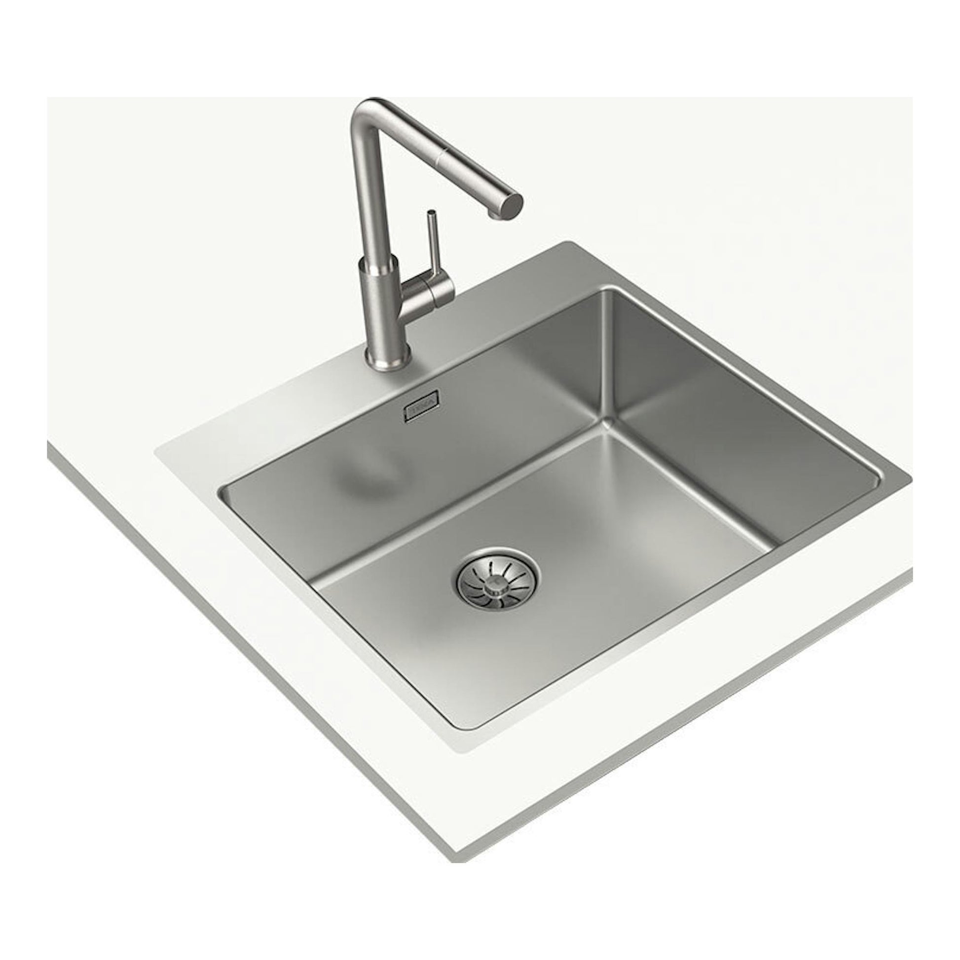 Fregadero Teka Forlinea RS15 5040 inox, vista cenital inclinada, con grifo monomando y desagüe central.