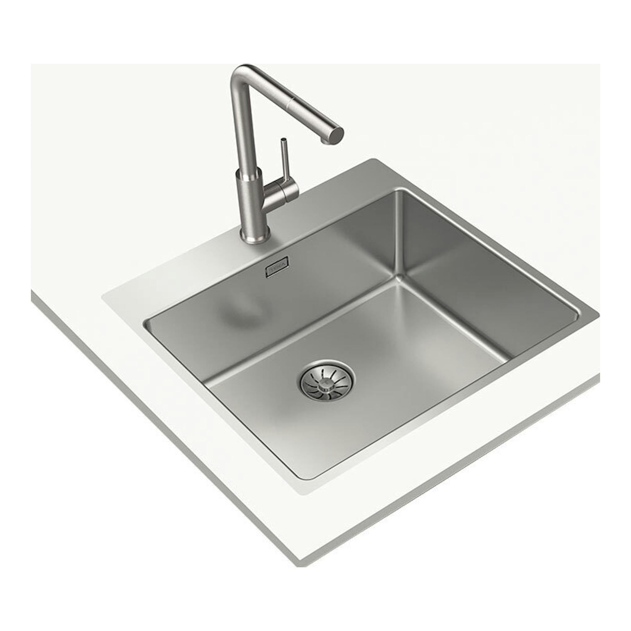 Fregadero Teka Forlinea RS15 5040 inox, vista cenital inclinada, con grifo monomando y desagüe central.