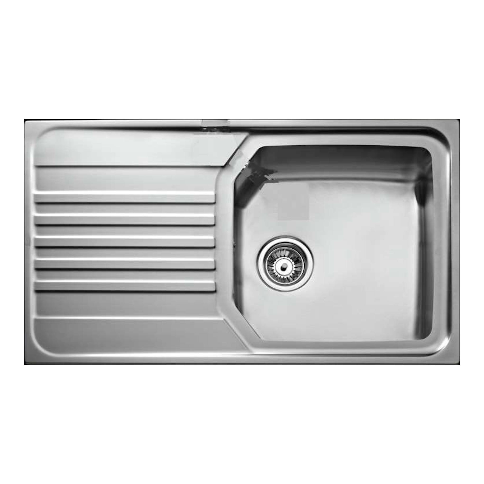 Fregadero Teka PREMIUM 1C 1E reversible de acero inoxidable, vista superior, cubeta derecha y escurridor izquierdo.