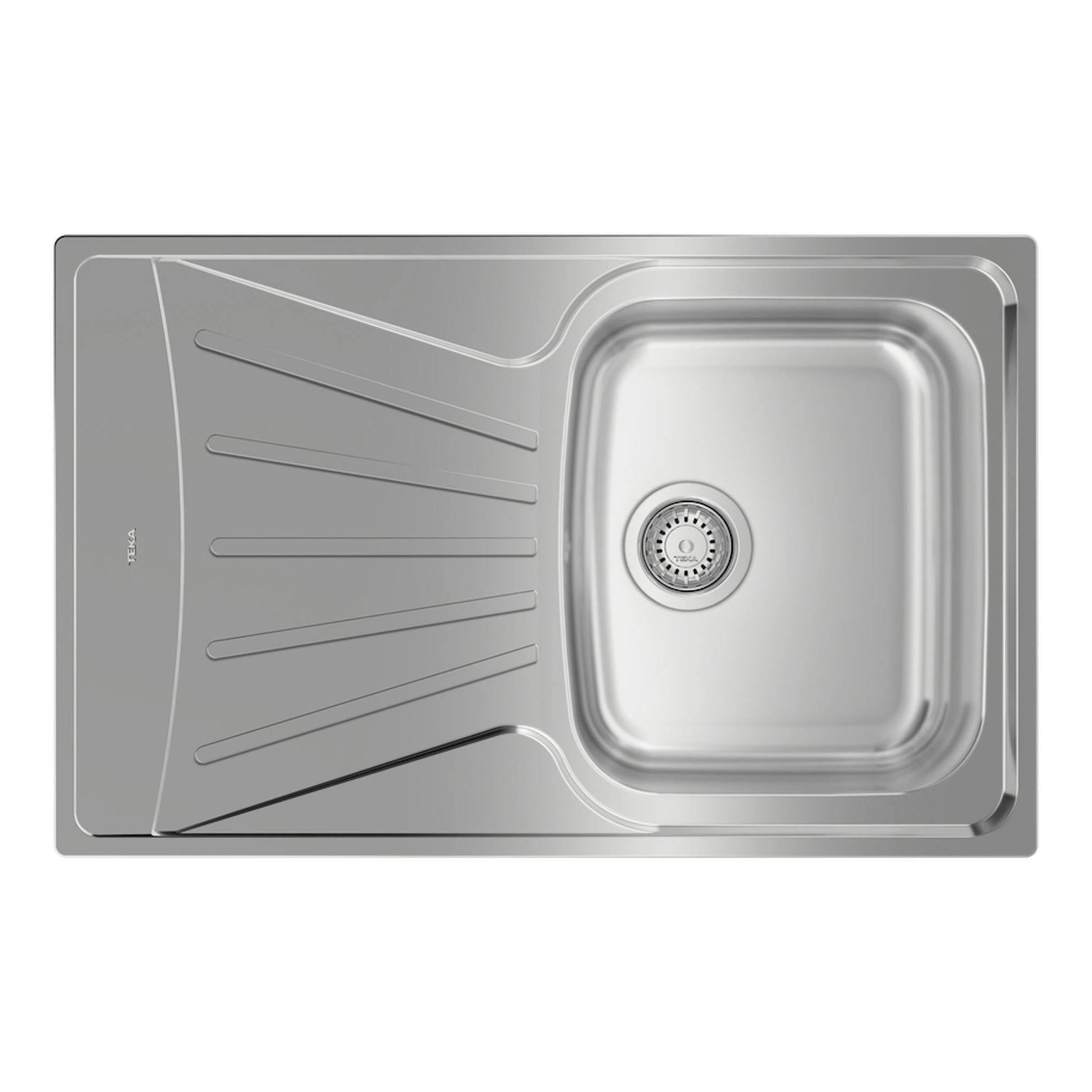 Fregadero Teka StarBright 45 E-XP de acero inoxidable, vista cenital, cubeta a la derecha y escurridor a la izquierda.