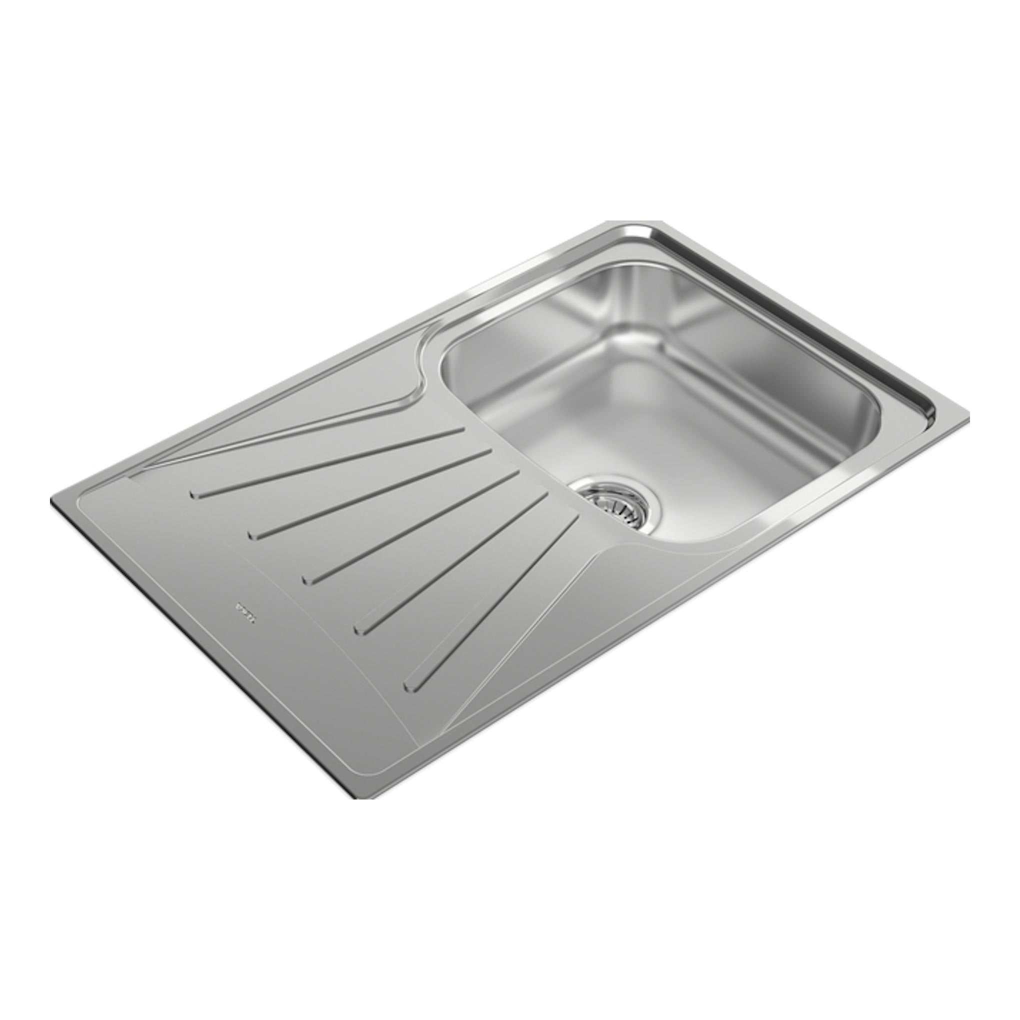 Teka StarBright 45 E-XP: fregadero de acero inoxidable, vista en ángulo, cubeta a la derecha y escurridor a la izquierda.