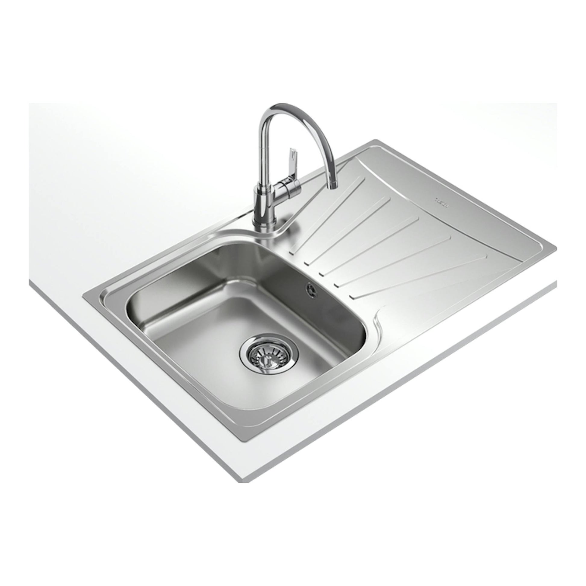 Fregadero Teka StarBright 45 E-XP de acero inoxidable, vista en ángulo, con 1 cubeta, escurridor y grifo.