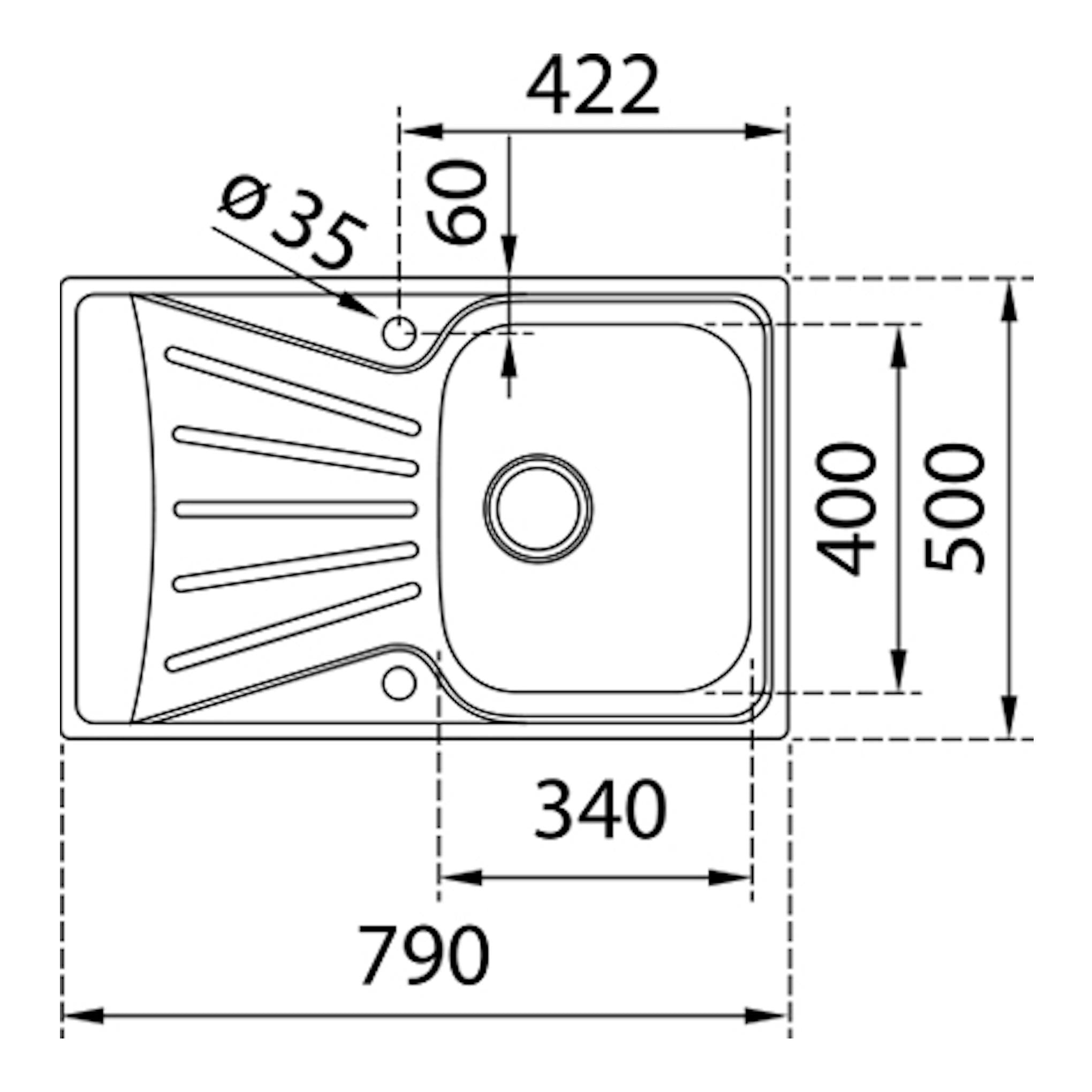 Plano técnico del fregadero Teka StarBright 45 E-XP 1C 1E D, vista superior, una cubeta, acero inoxidable.