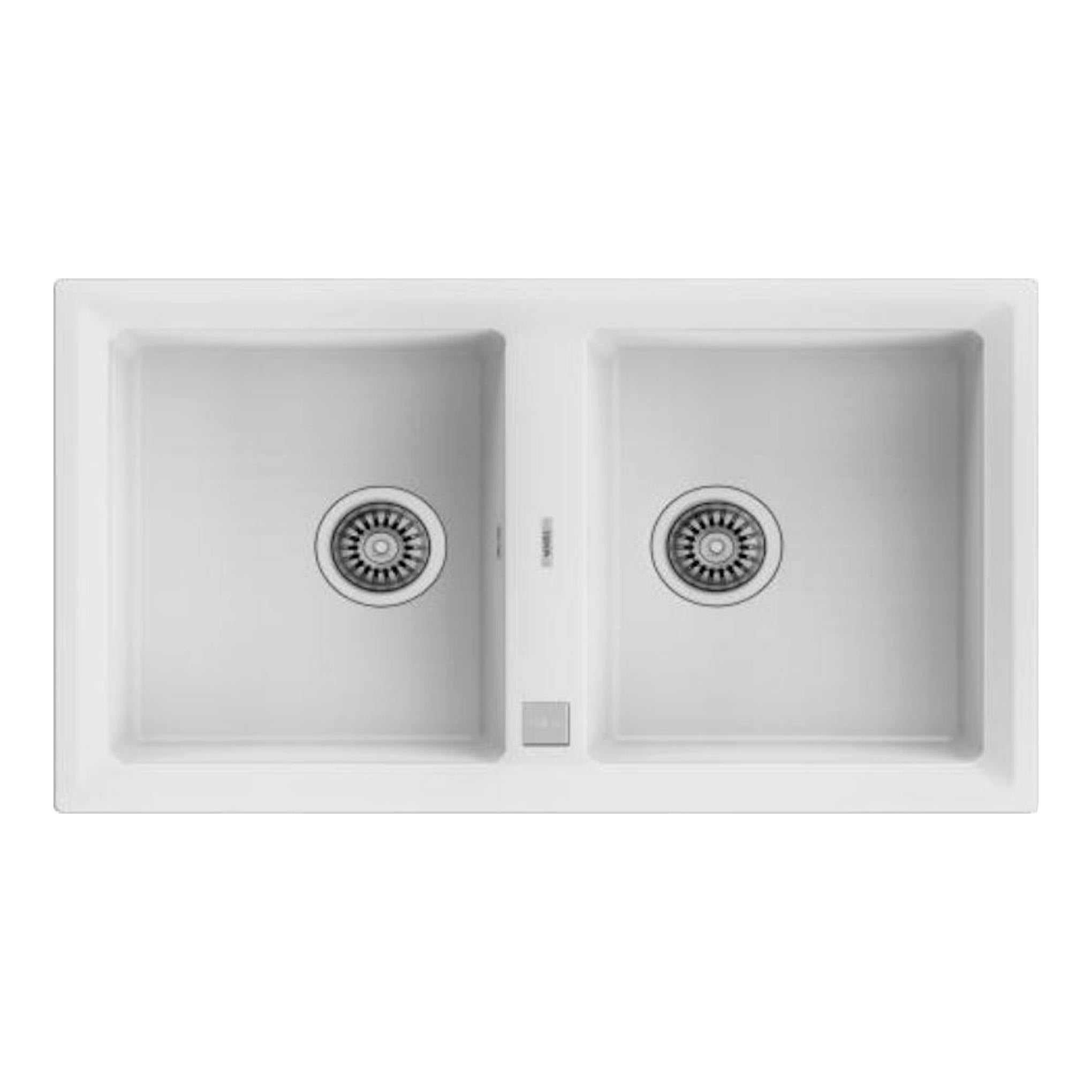 Fregadero Teka STONE 90 B-TG 2C blanco, vista cenital, con dos cubetas y desagües circulares.
