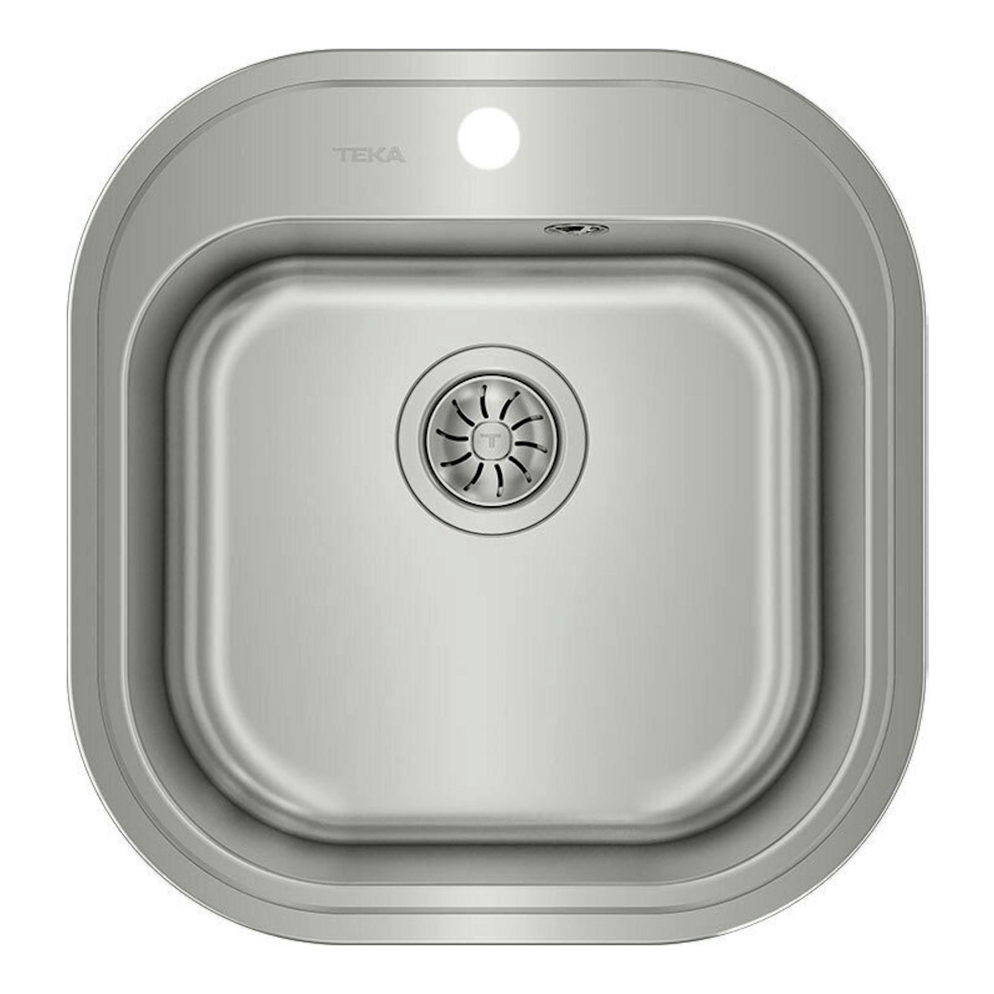 Fregadero Teka STYLO 1C inox, vista superior de un seno cuadrado con desagüe central.
