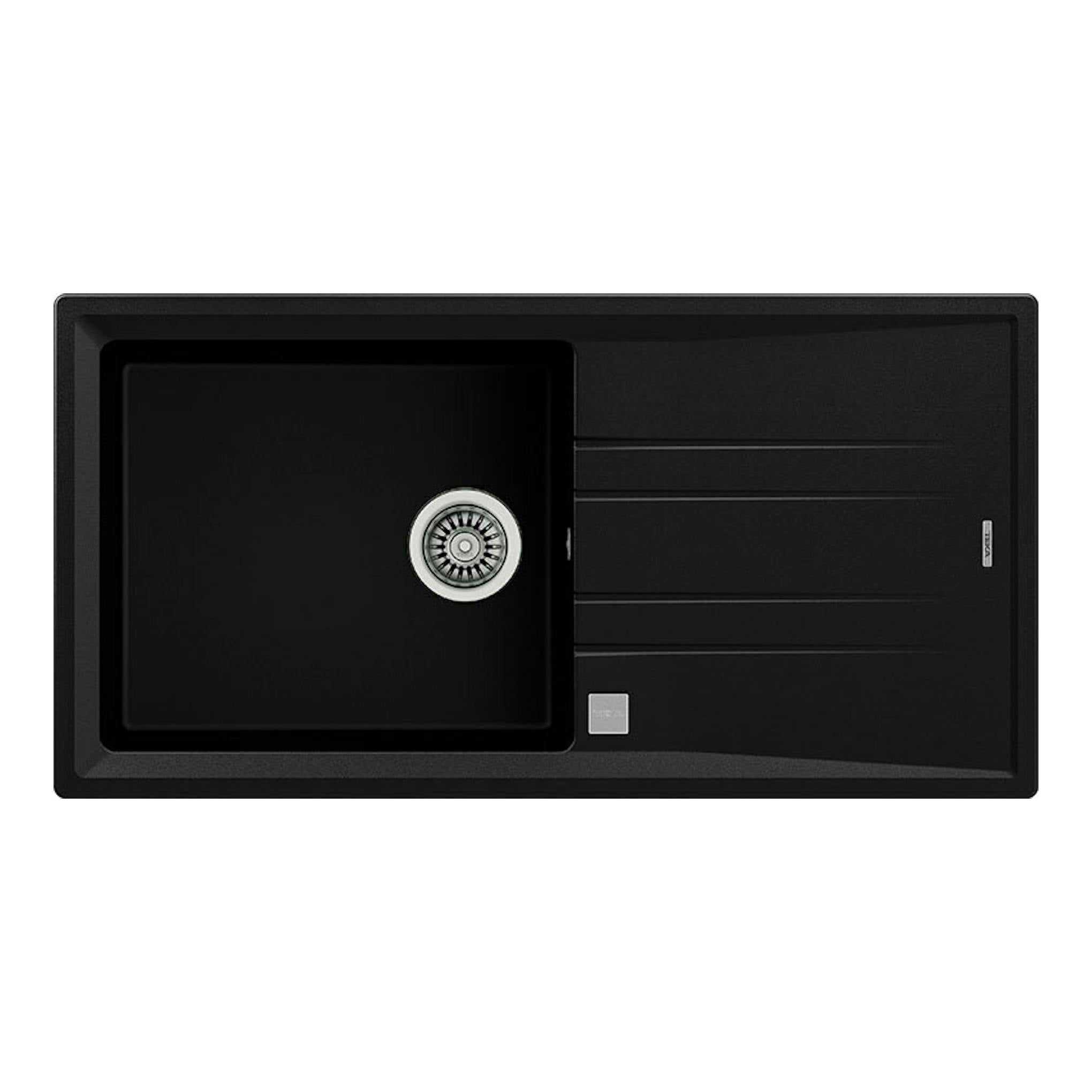 Fregadero Teka Tegranite Stone 60L-TG1C1E negro, vista superior, con cubeta izquierda y escurridor derecho.