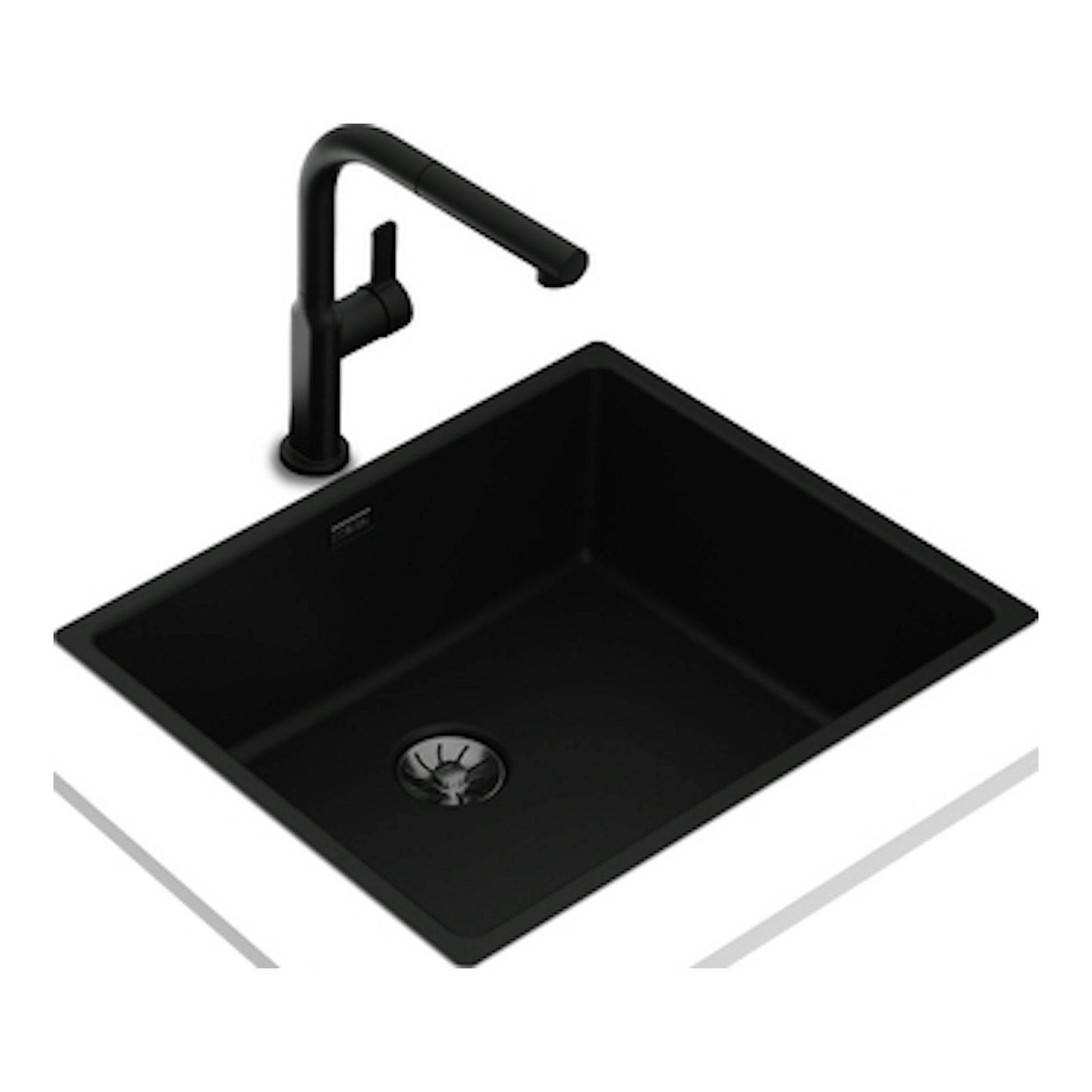 Fregadero Teka TopLine RS15 50.40 FBK negro, de una cubeta, con grifo negro, vista isométrica.