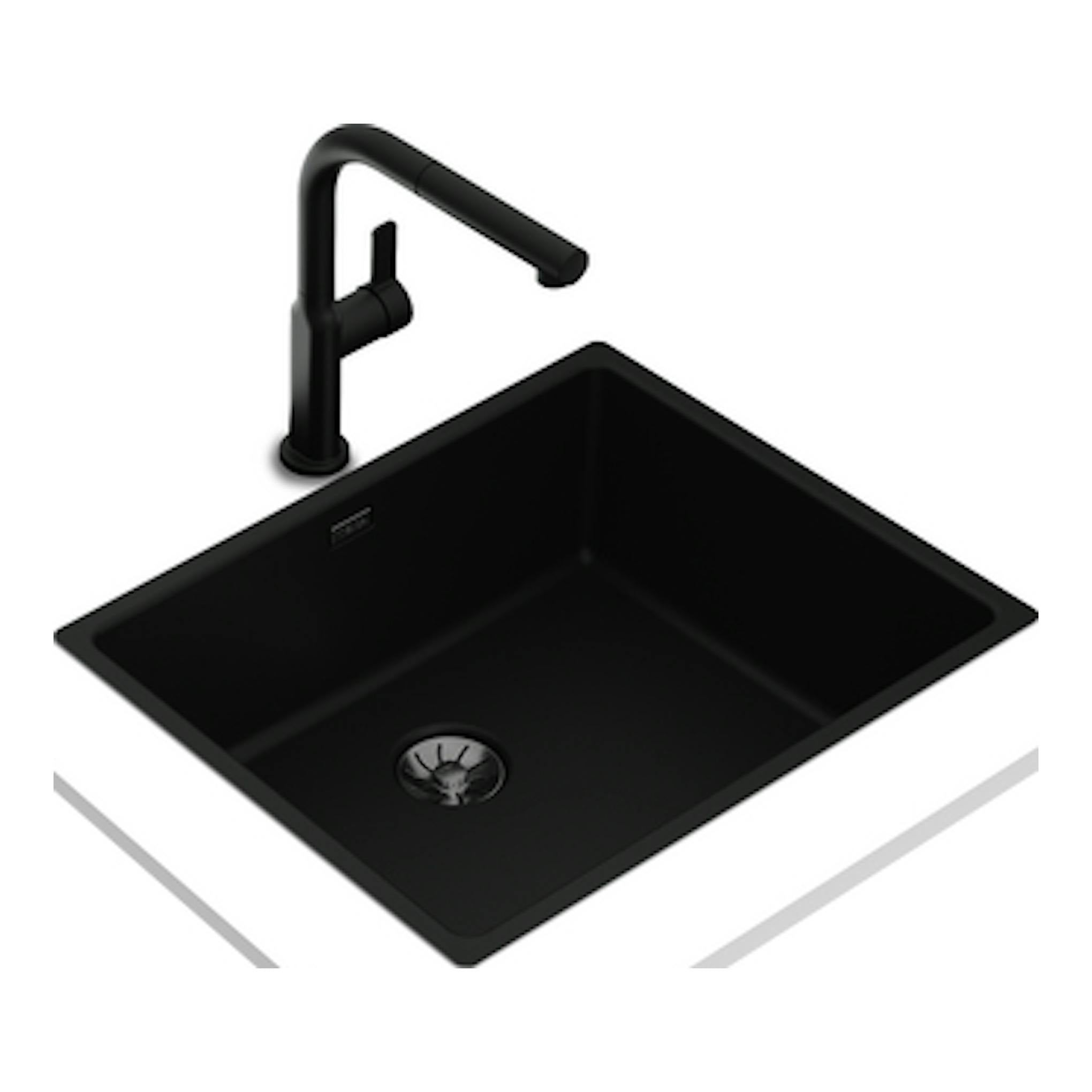 Fregadero Teka TopLine RS15 50.40 FBK negro, de una cubeta, con grifo negro, vista isométrica.