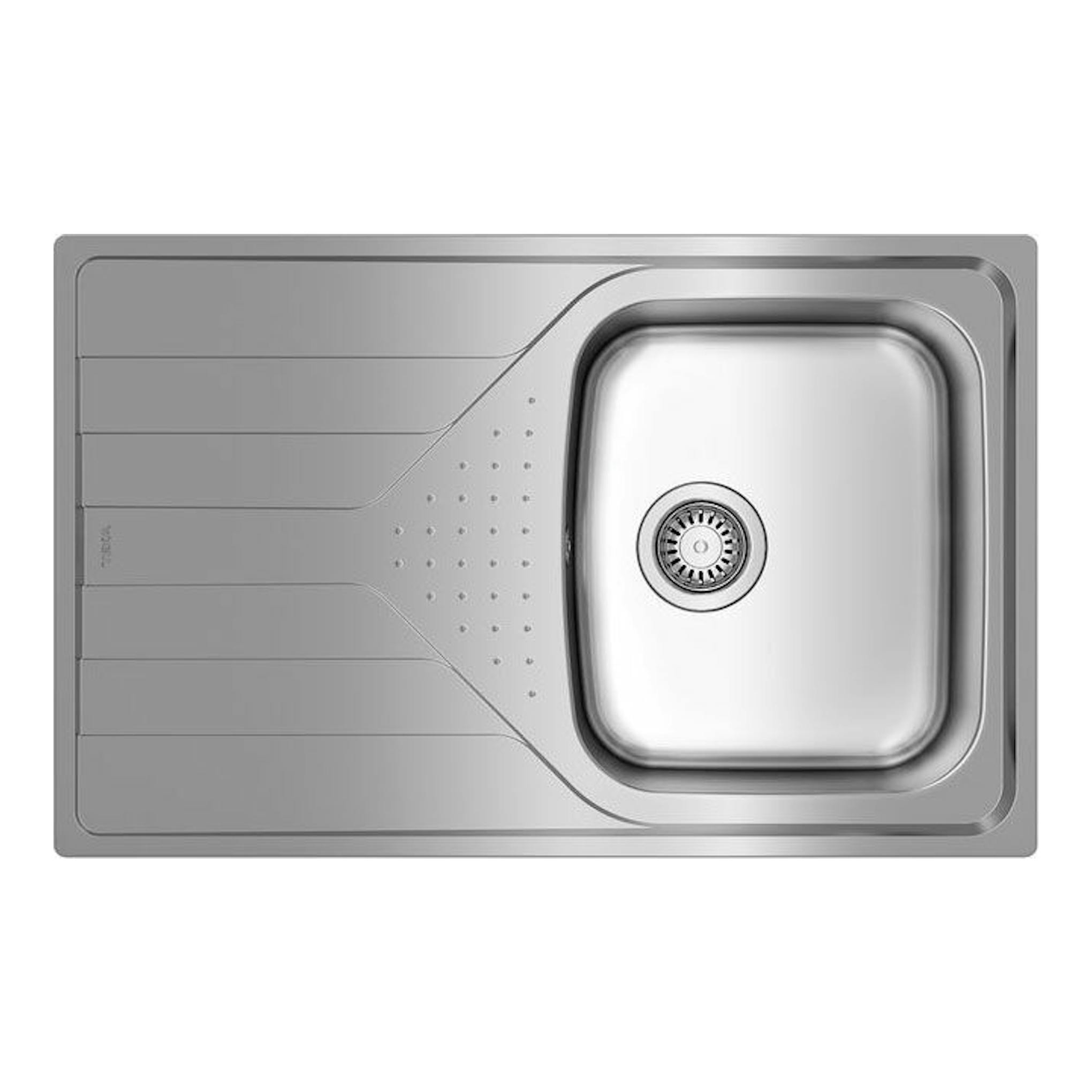 Fregadero Teka Universe 45 T-XP 1C 1E reversible, vista cenital, acero inoxidable gris, seno a la derecha.