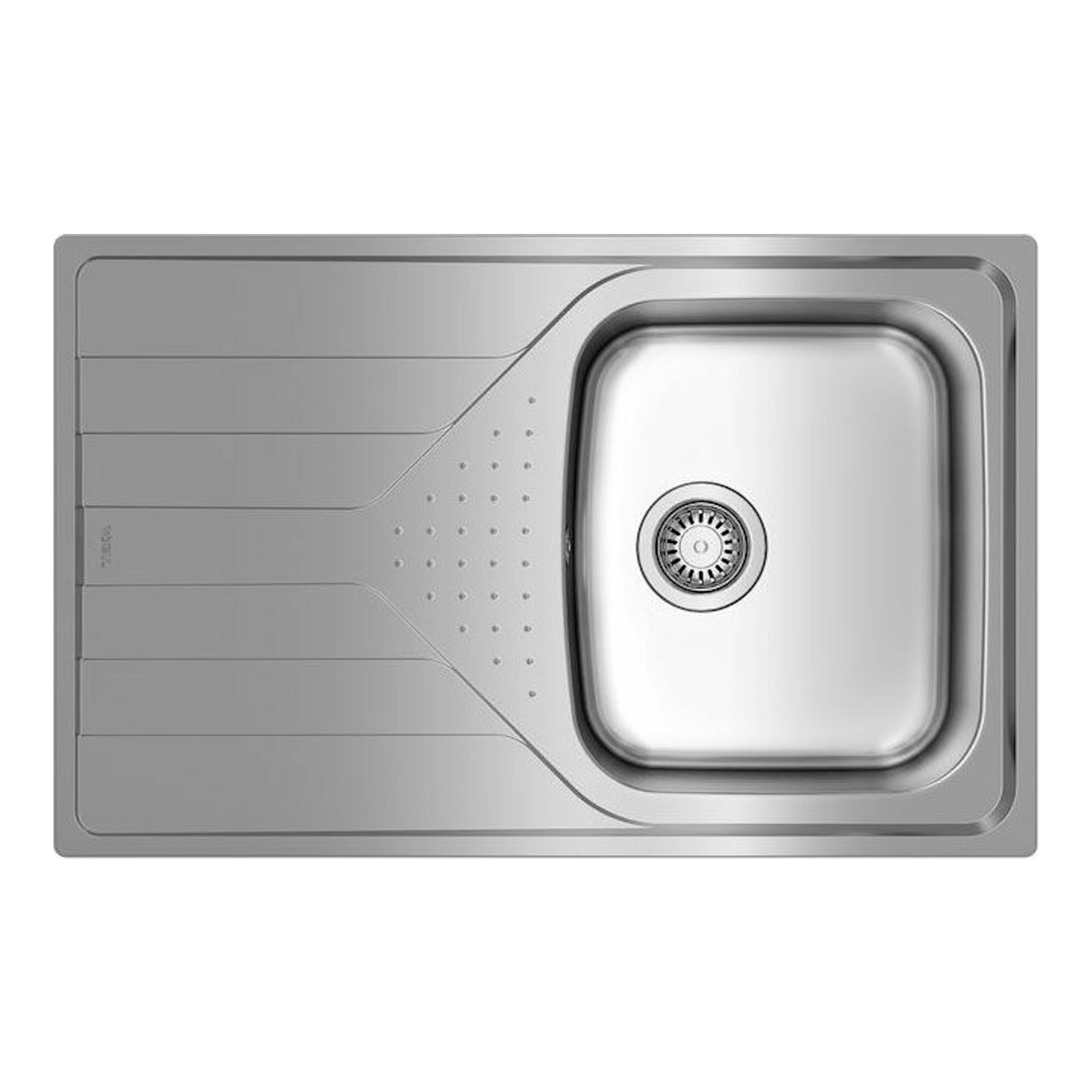 Fregadero TekaWay Universe 45, vista cenital, gris acero, con seno derecho y escurridor izquierdo.