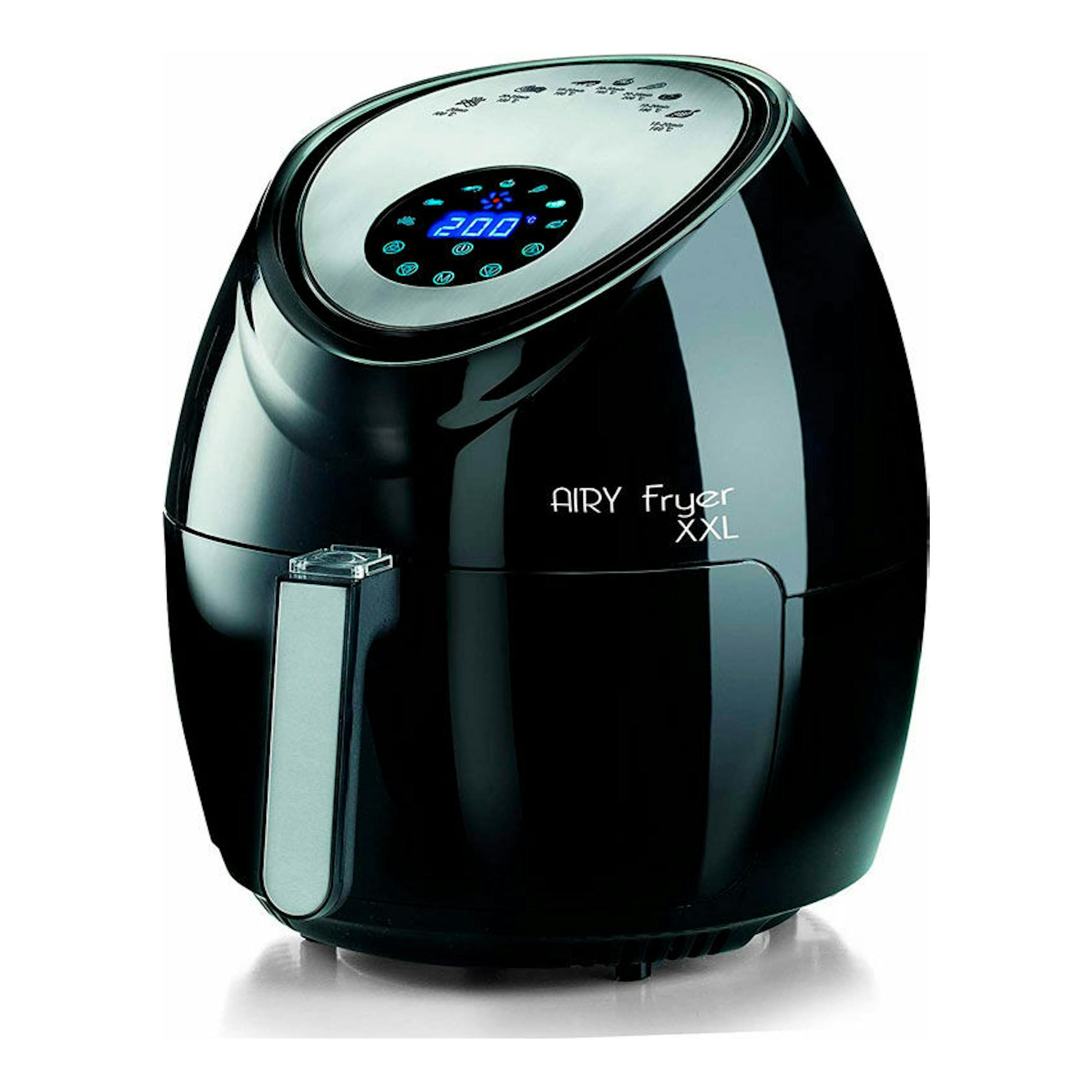 Freidora de aire Ariete Airy Fryer XXL 4618, negra, vista frontal en tres cuartos y panel digital.