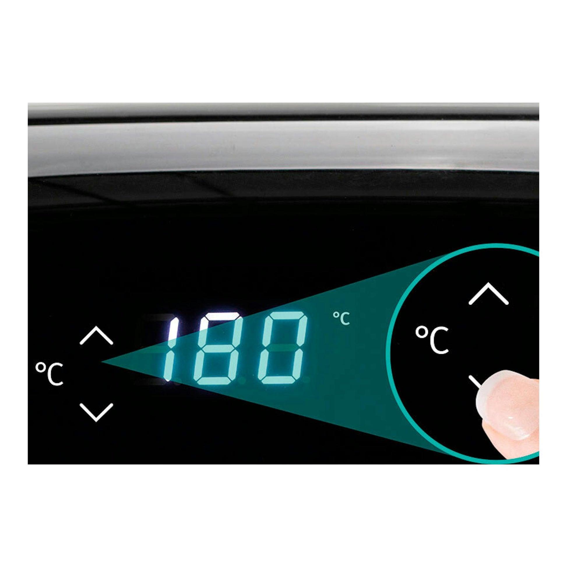Hisense H06AFBS1S3: panel negro de freidora de aire con 180 °C y un dedo pulsando los controles.
