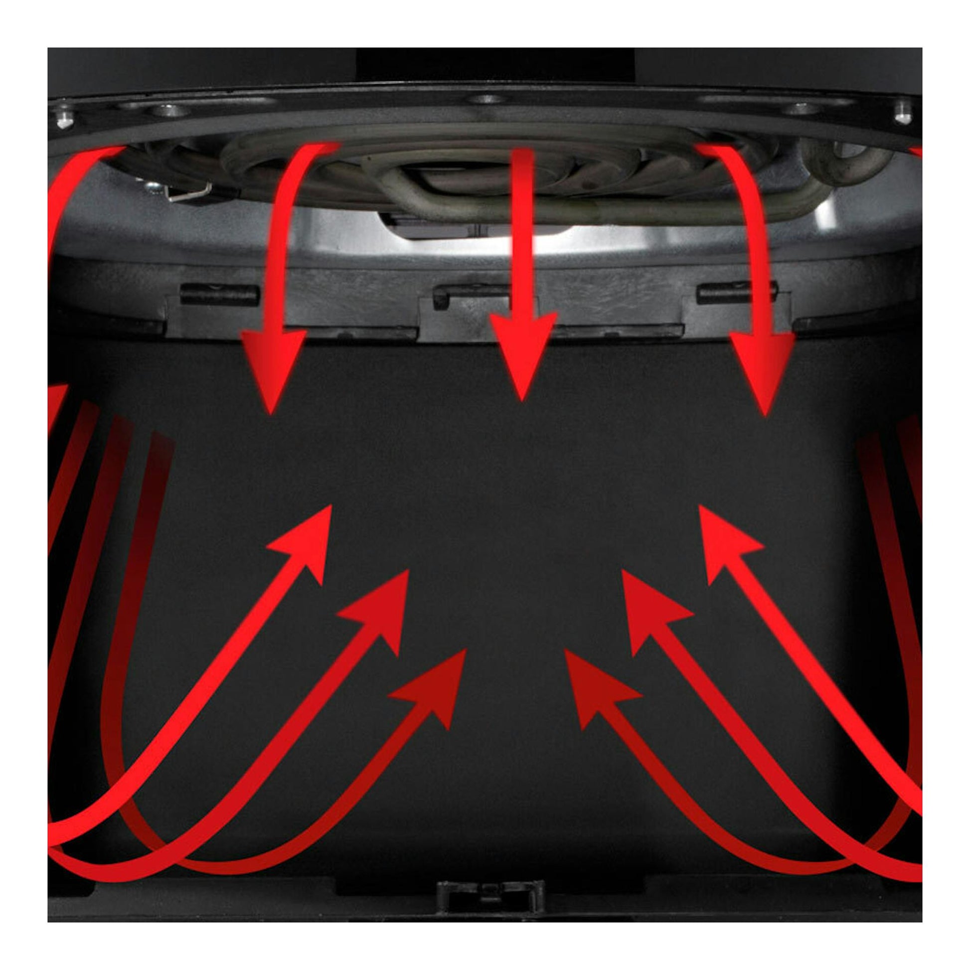 Interior de freidora de aire Hisense H06AFBS1S3 en negro, con flechas rojas que indican circulación de aire.