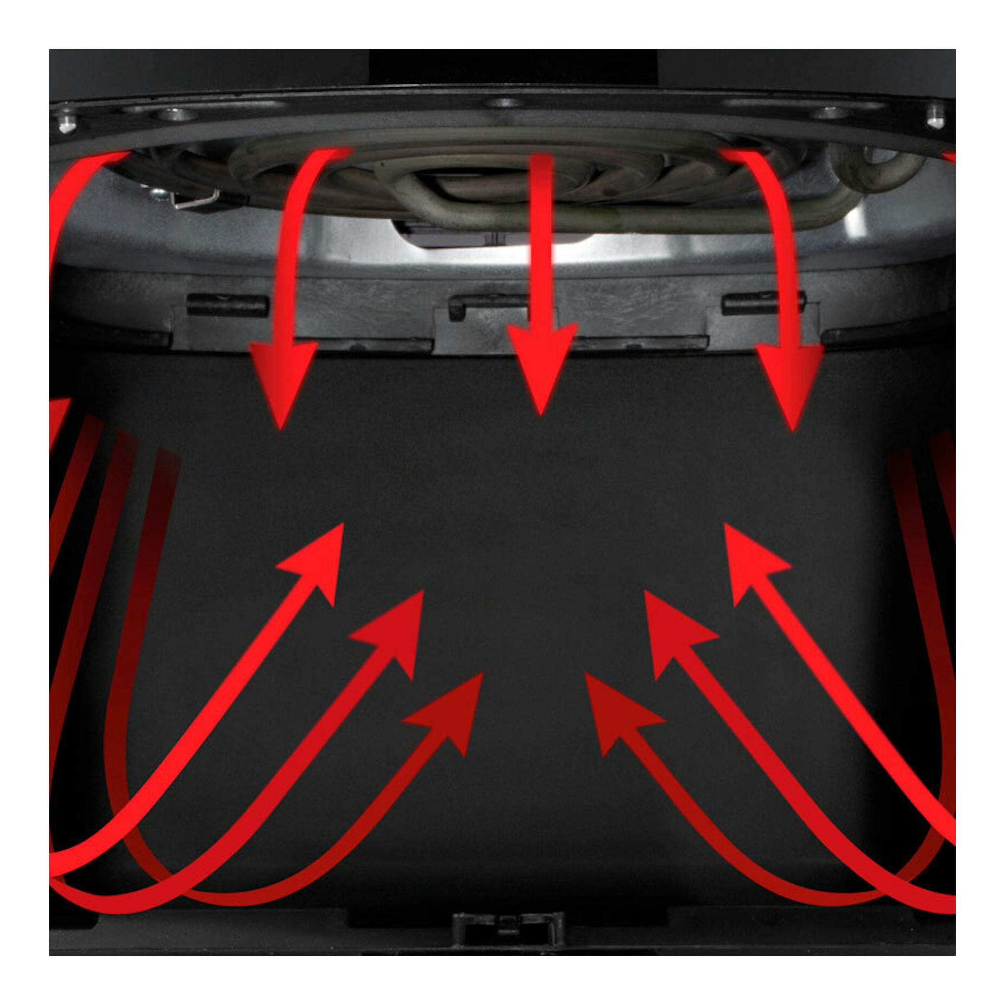 Interior de freidora de aire Hisense H06AFBS1S3 en negro, con flechas rojas que indican circulación de aire.