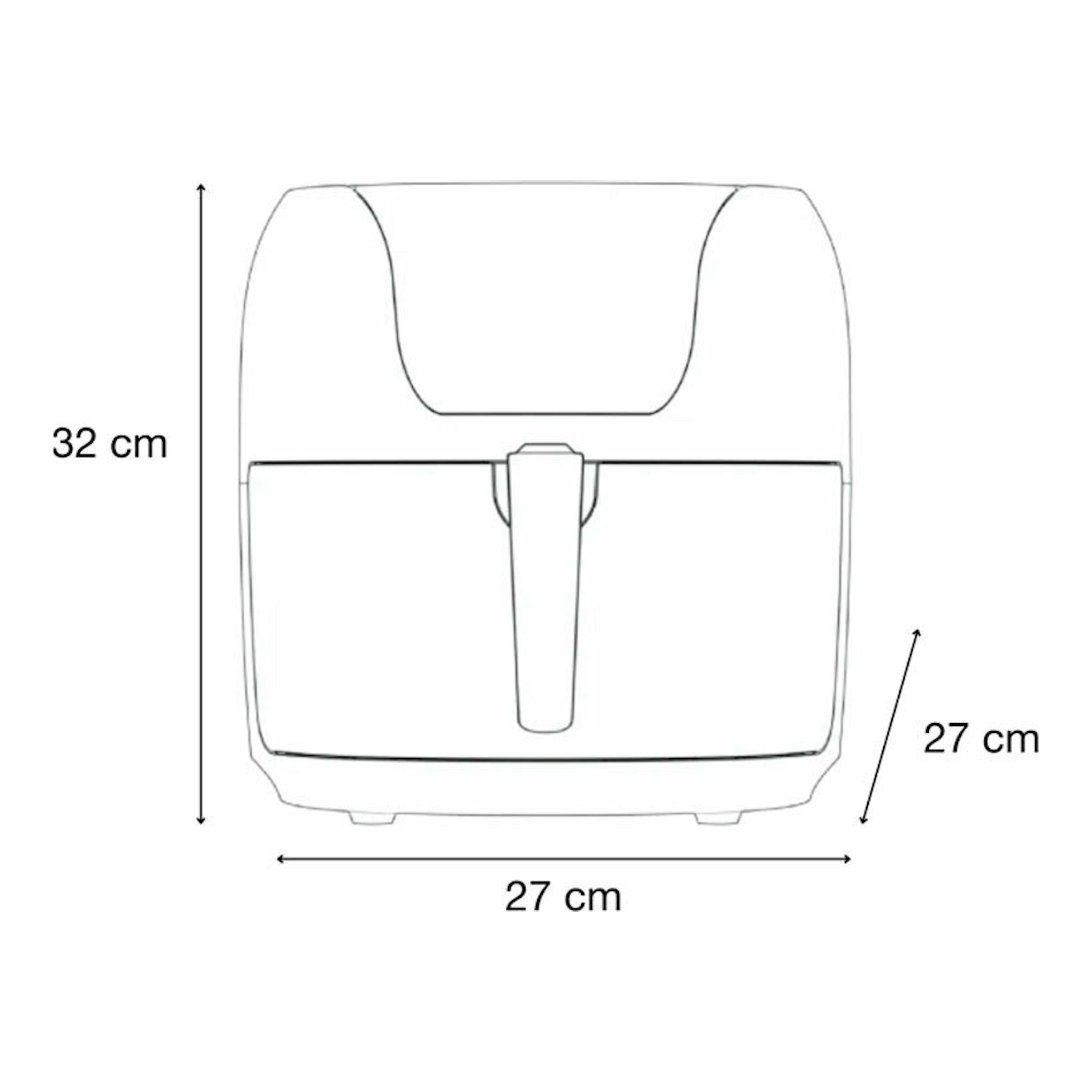 Freidora de aire Solac FA1800, vista frontal en blanco, con medidas 32 x 27 x 27 cm.