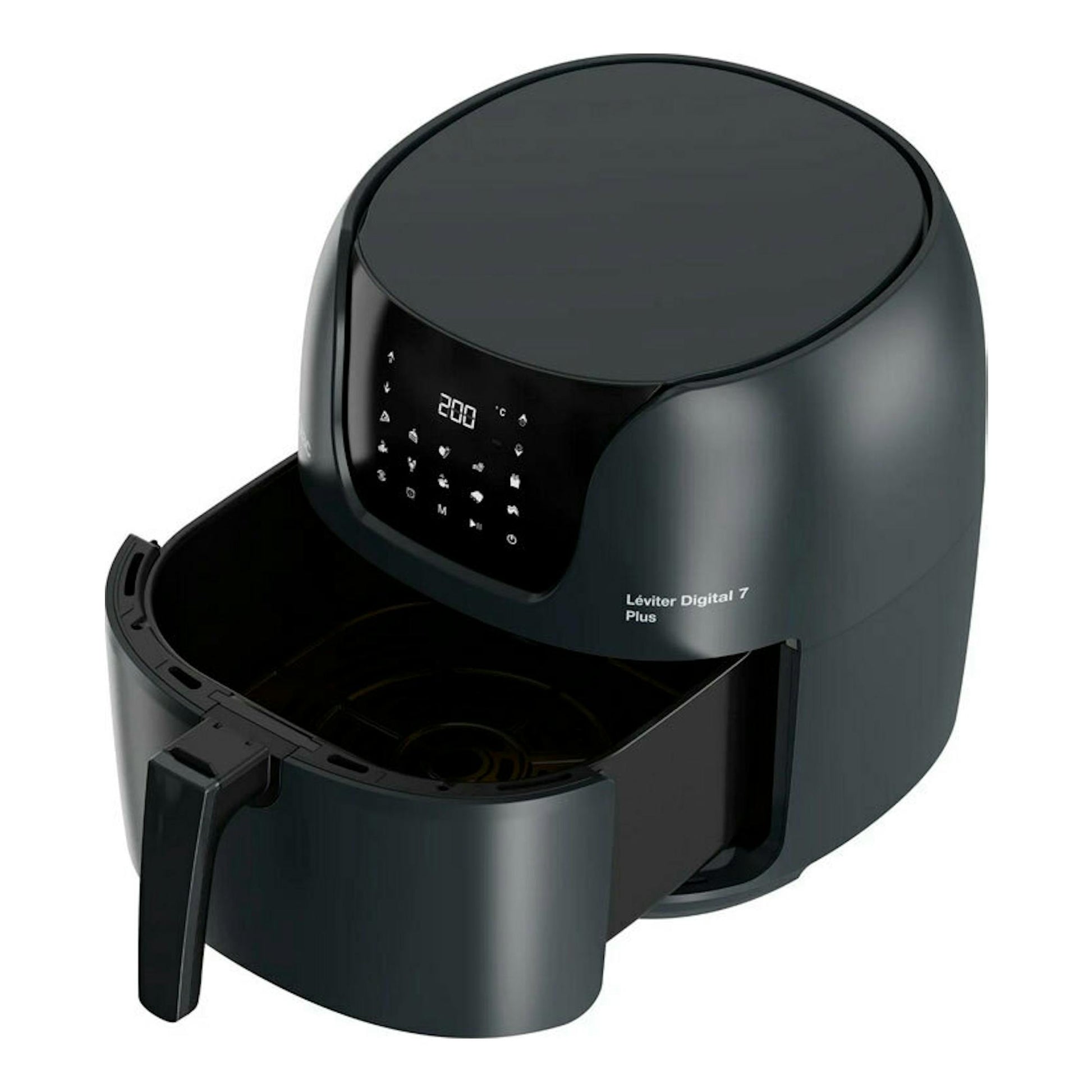 Freidora de aire Solac FA1800 negra, vista frontal con cesta extraída y panel digital.