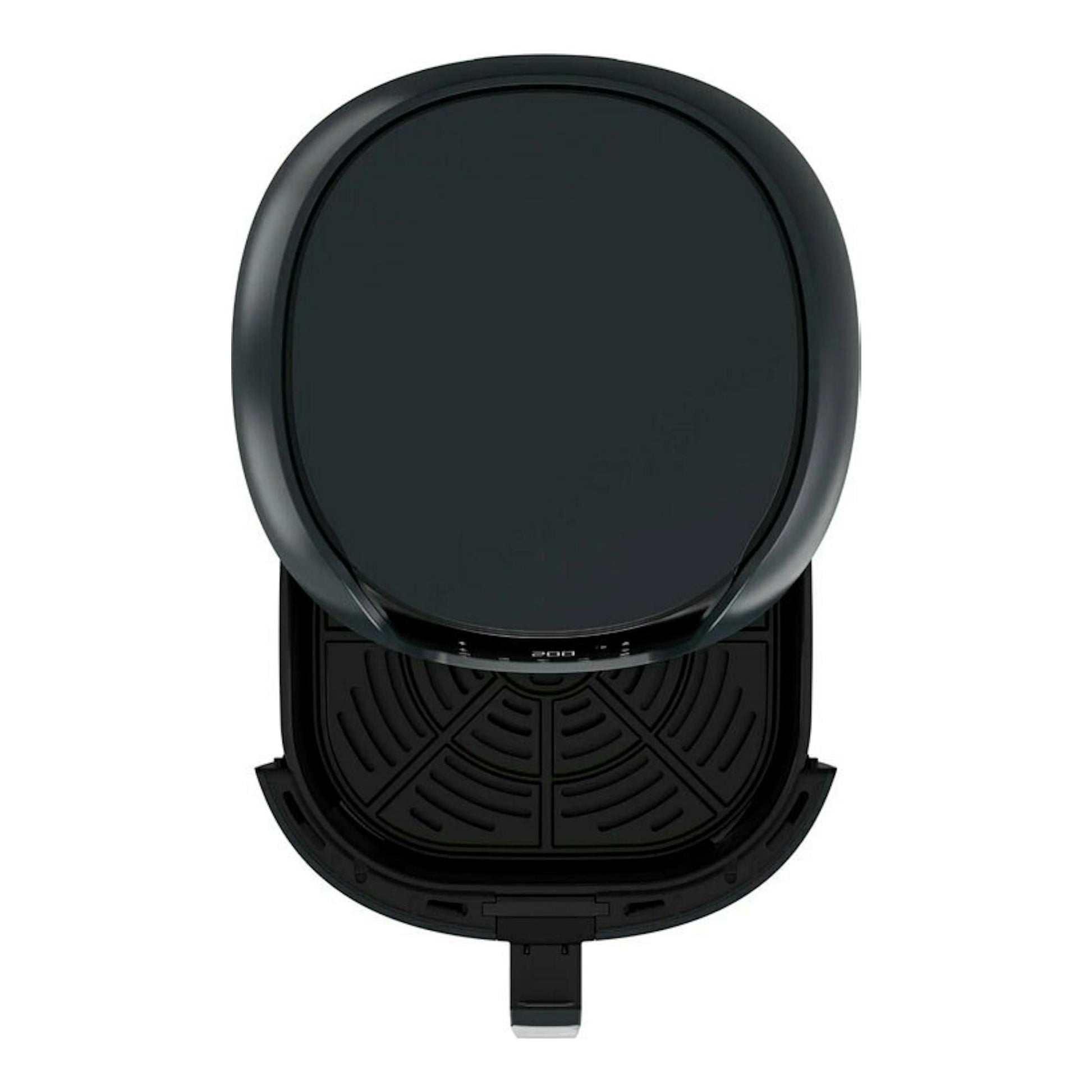 Freidora de aire Solac FA1800 negra, vista superior con la cesta abierta.