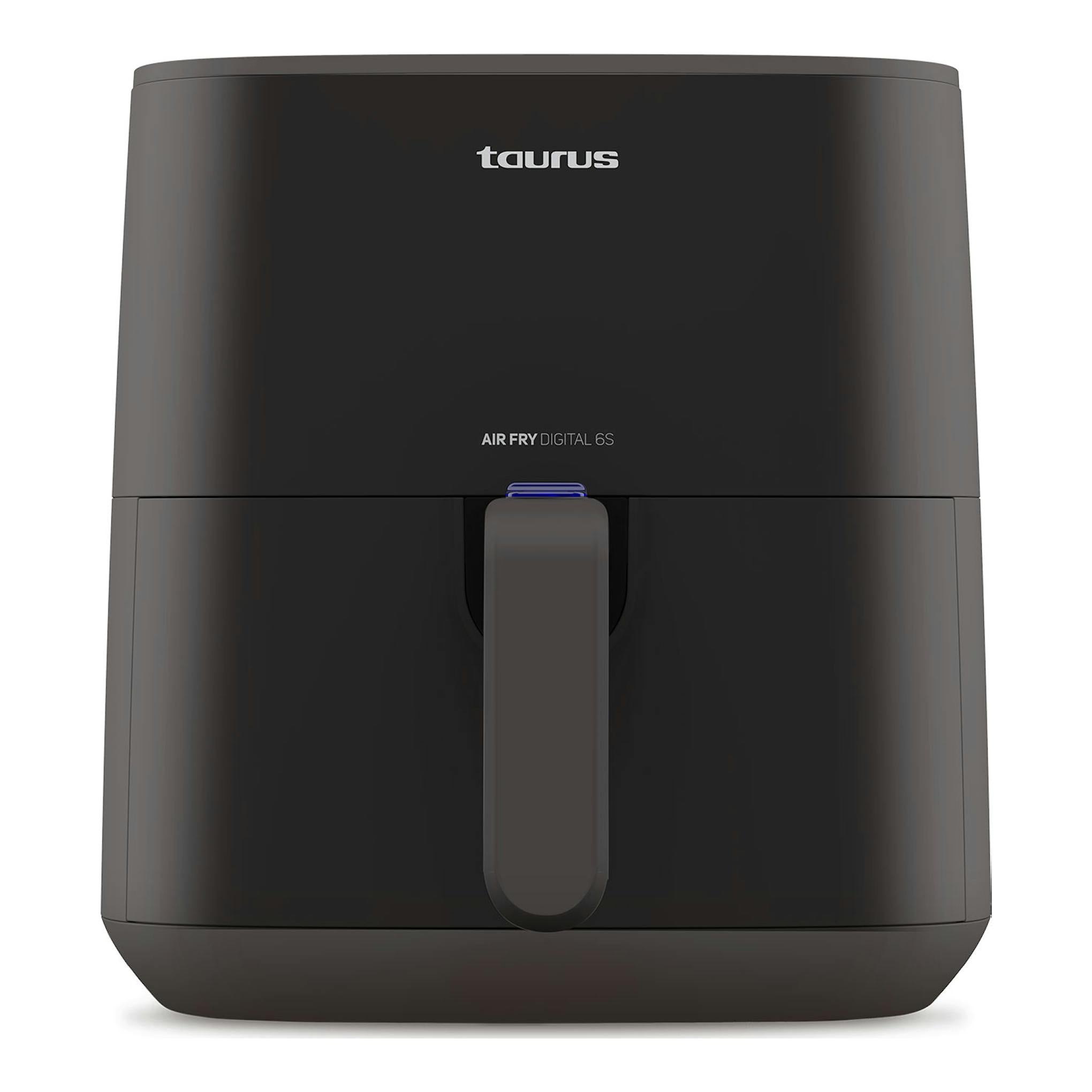 Freidora de aire Taurus Air Fry Digital 6S negra, vista frontal, con asa central.
