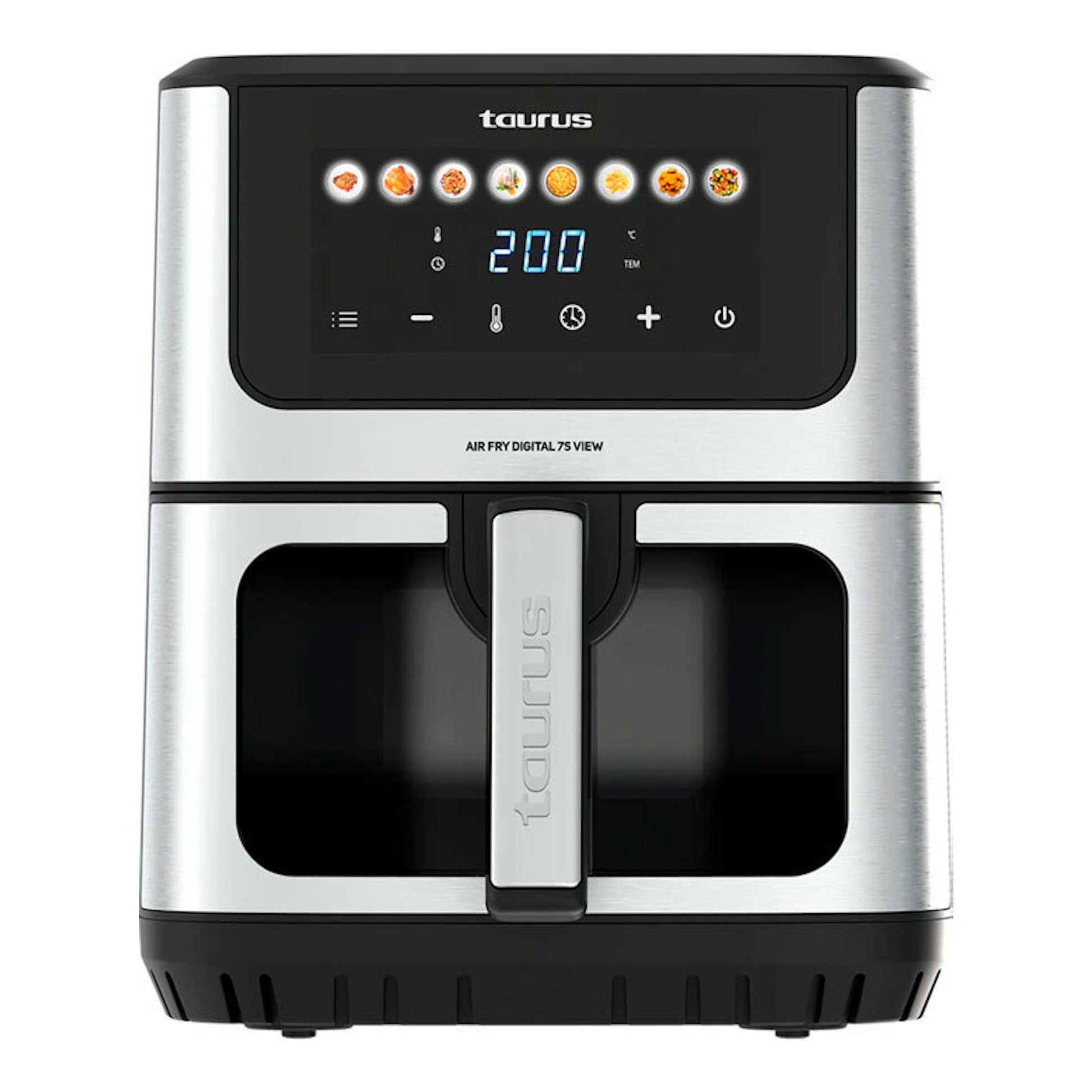 Freidora de aire Taurus Air Fry Digital 7S View, vista frontal, en acero inoxidable y negro, con panel digital.