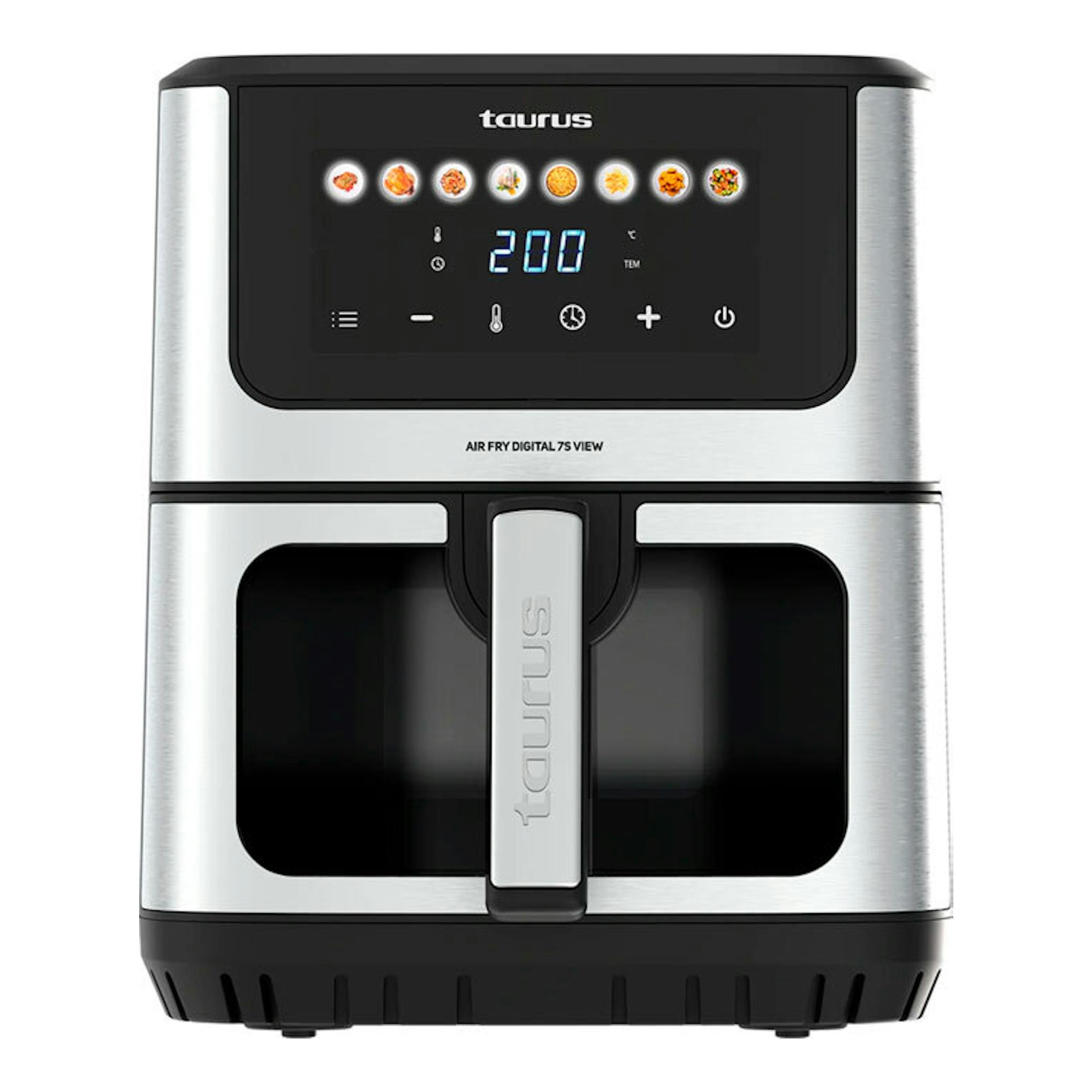 Freidora de aire Taurus Air Fry Digital 7S View, vista frontal, en acero inoxidable y negro, con panel digital.