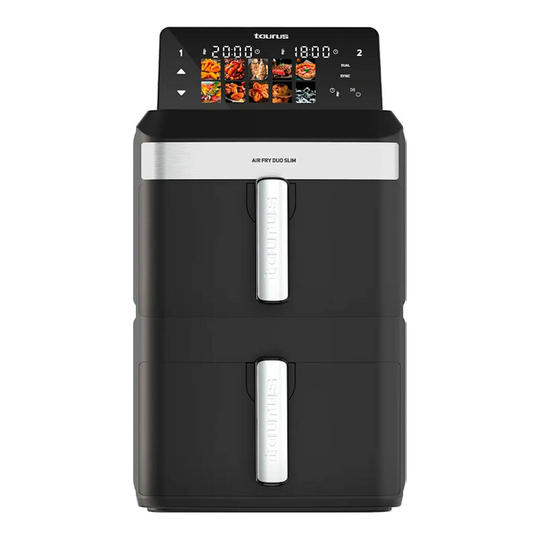 Freidora de aire Taurus Air Fry Duo Slim negra, vista frontal, con doble cesta y panel digital.
