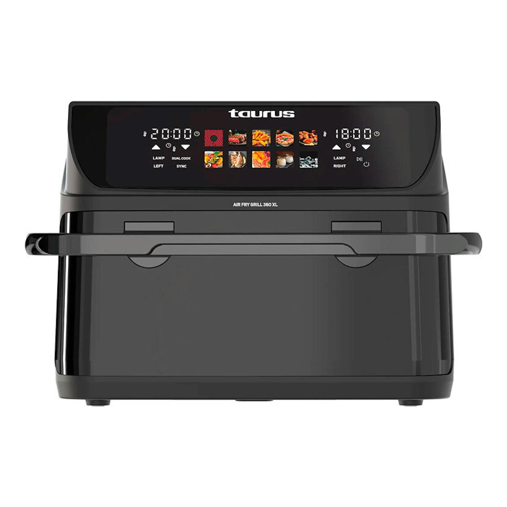 Freidora de aire Taurus Air Fry Grill 360 XL, vista frontal, negra, con panel digital táctil.