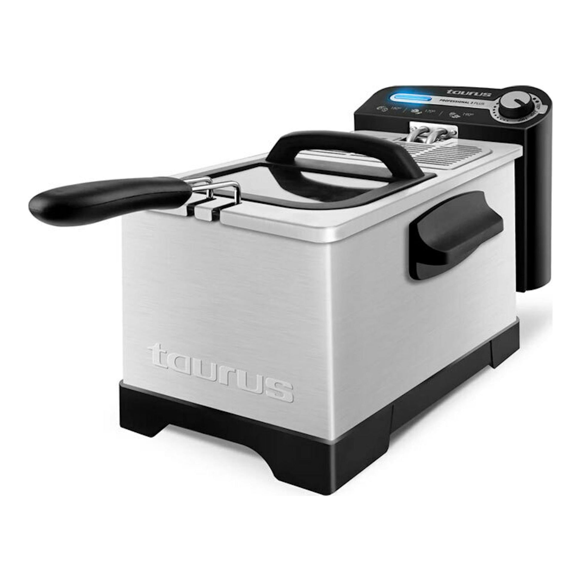 Freidora Taurus Professional 3 Plus de acero inoxidable y negro, vista en tres cuartos.