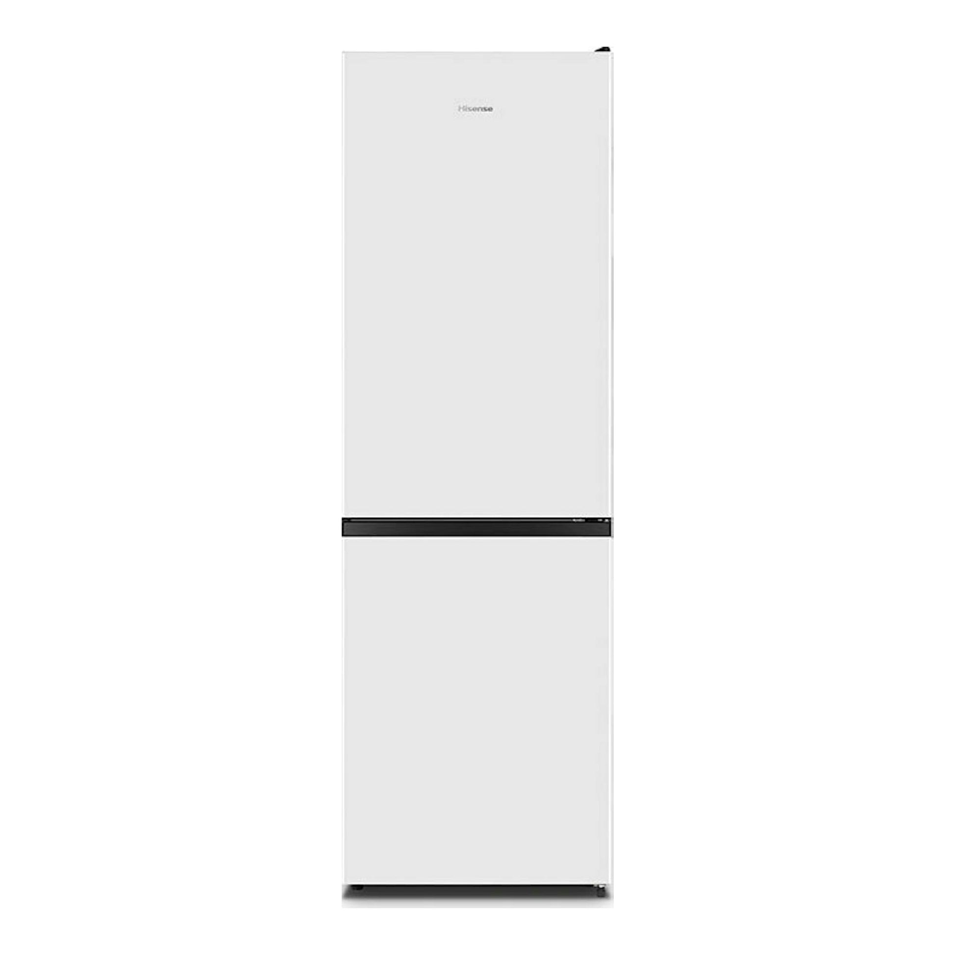 Frigorífico combi Hisense RB390N4AWE blanco, vista frontal, con dos puertas y tira negra central.