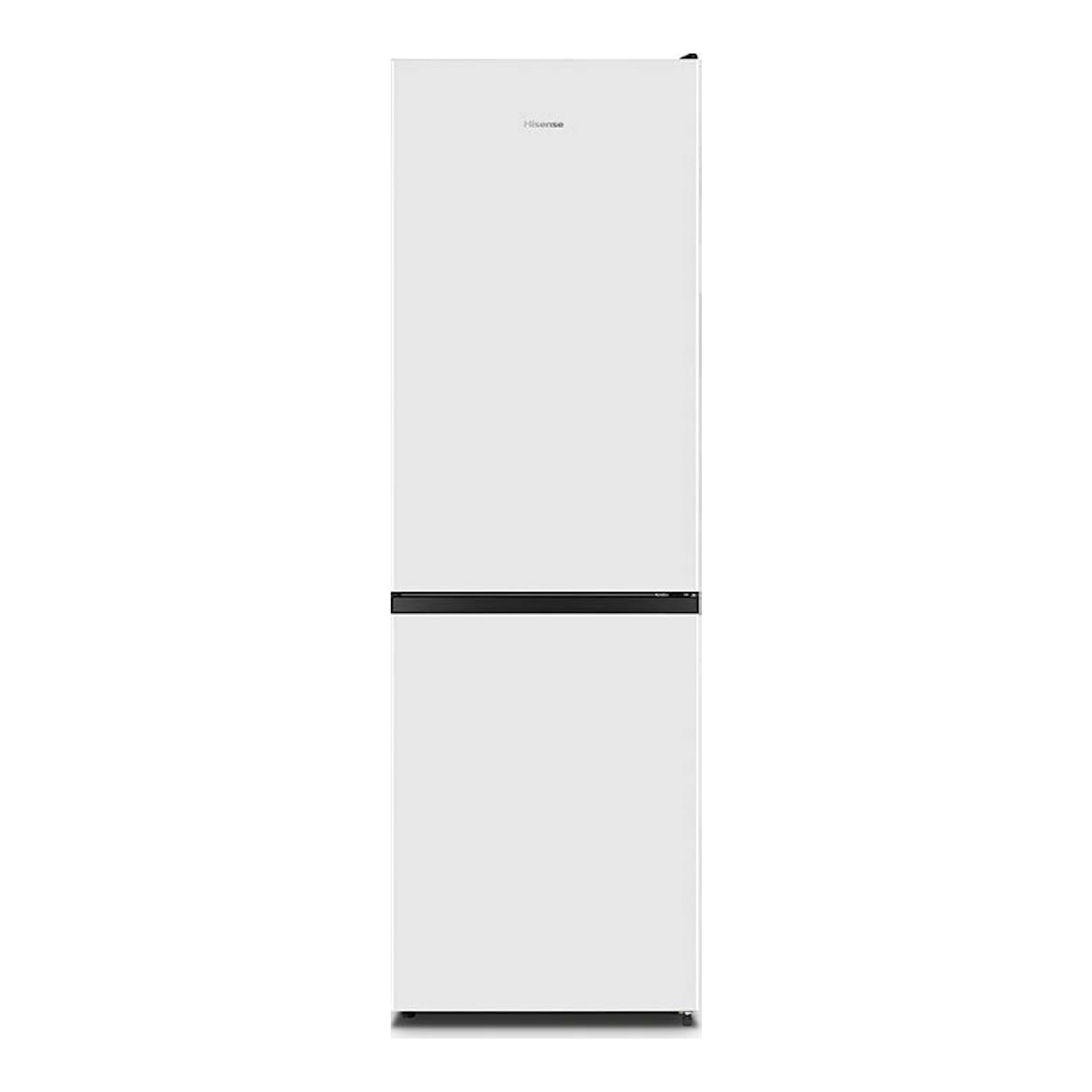 Frigorífico combi Hisense RB390N4AWE blanco, vista frontal, con dos puertas y tira negra central.