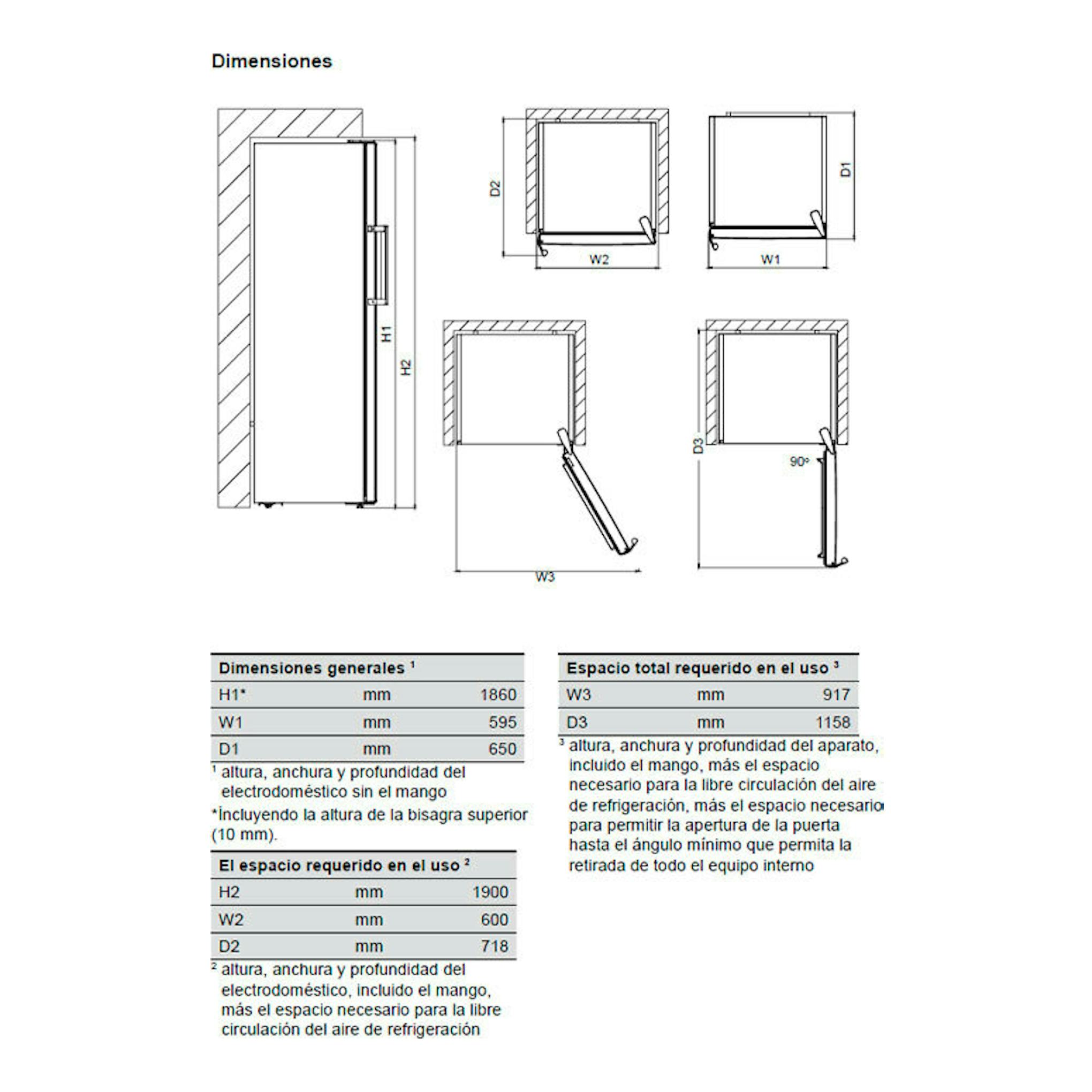 AEG ORK7M391EX inox: esquema técnico de frigorífico de 1 puerta con vistas frontal y lateral y medidas.