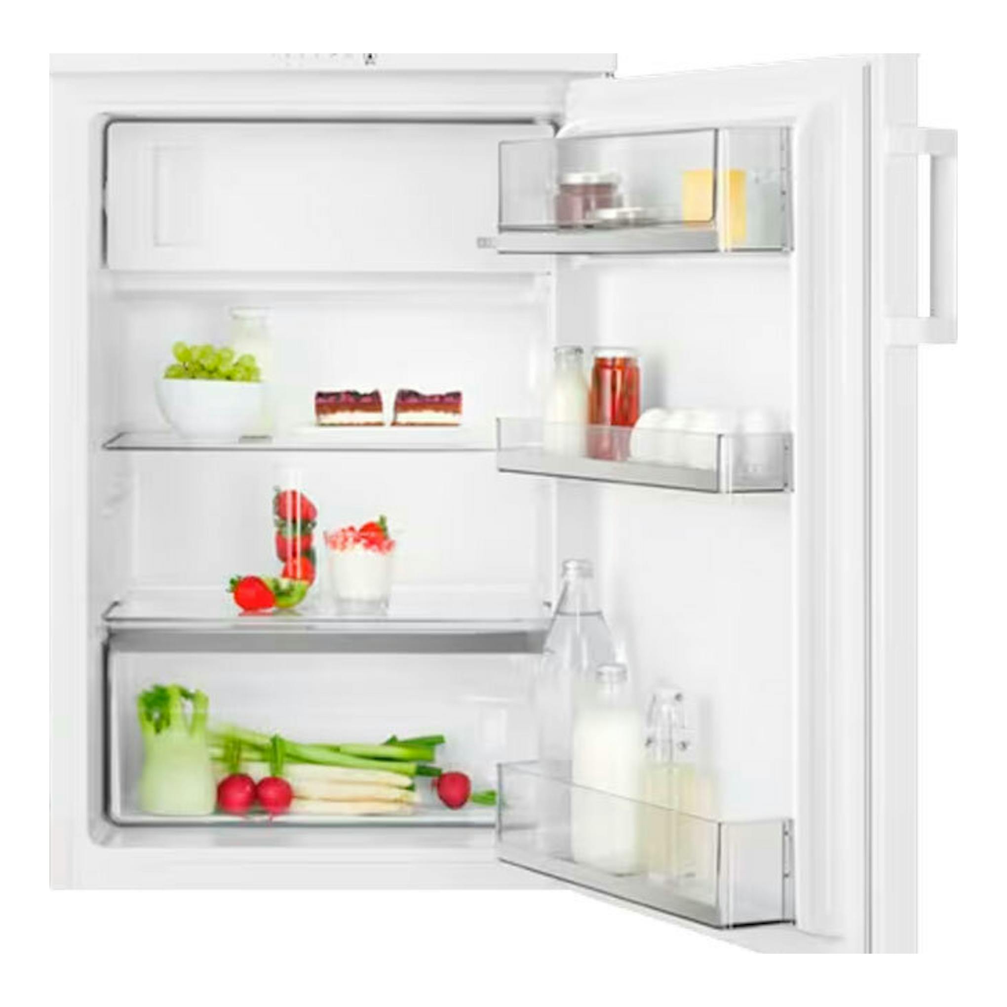 Frigorífico AEG RTB411E1AW blanco, de una puerta, con la puerta abierta y estantes interiores visibles.