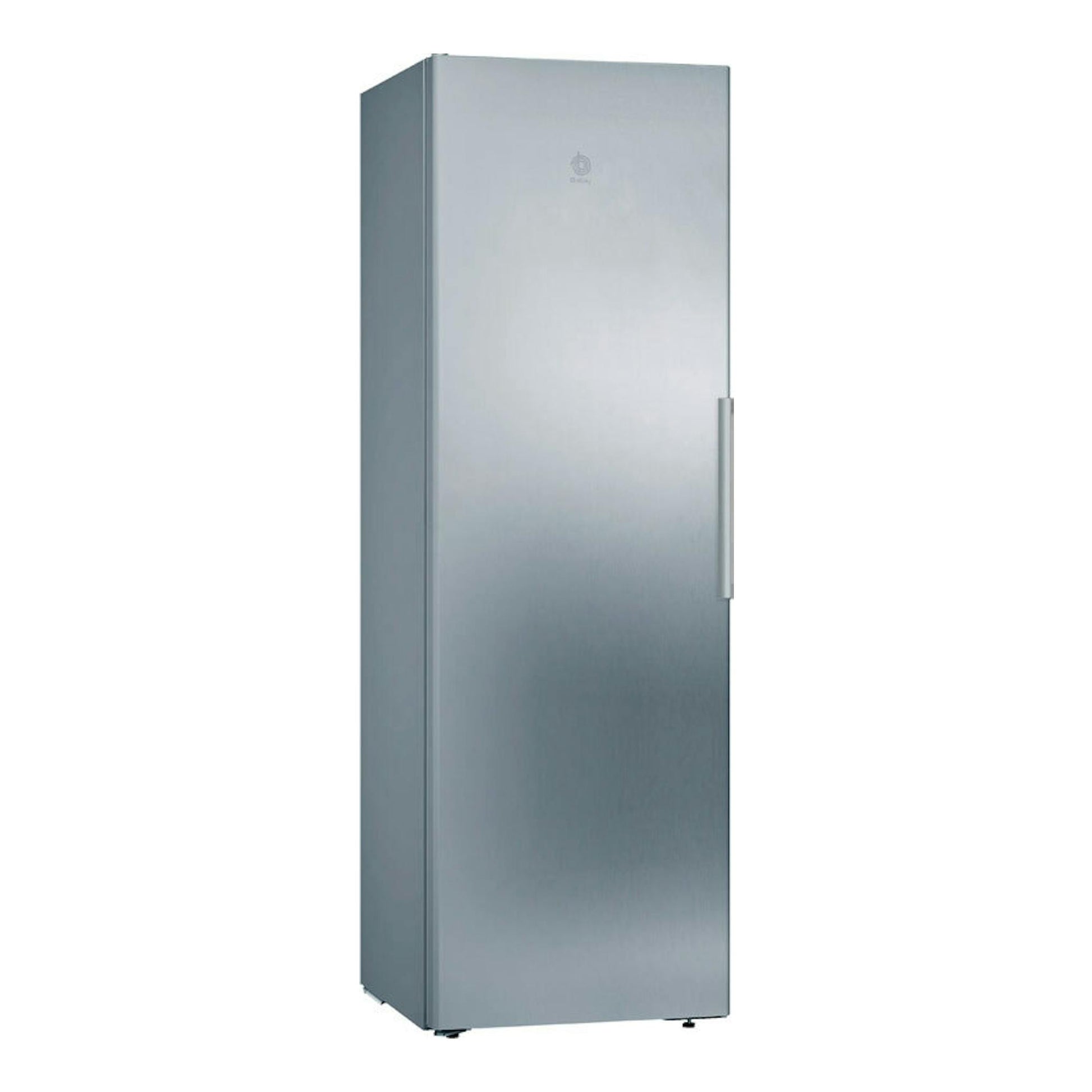 Frigorífico Balay 3FCE553ME inox mate de una puerta, vista frontal ligeramente lateral.