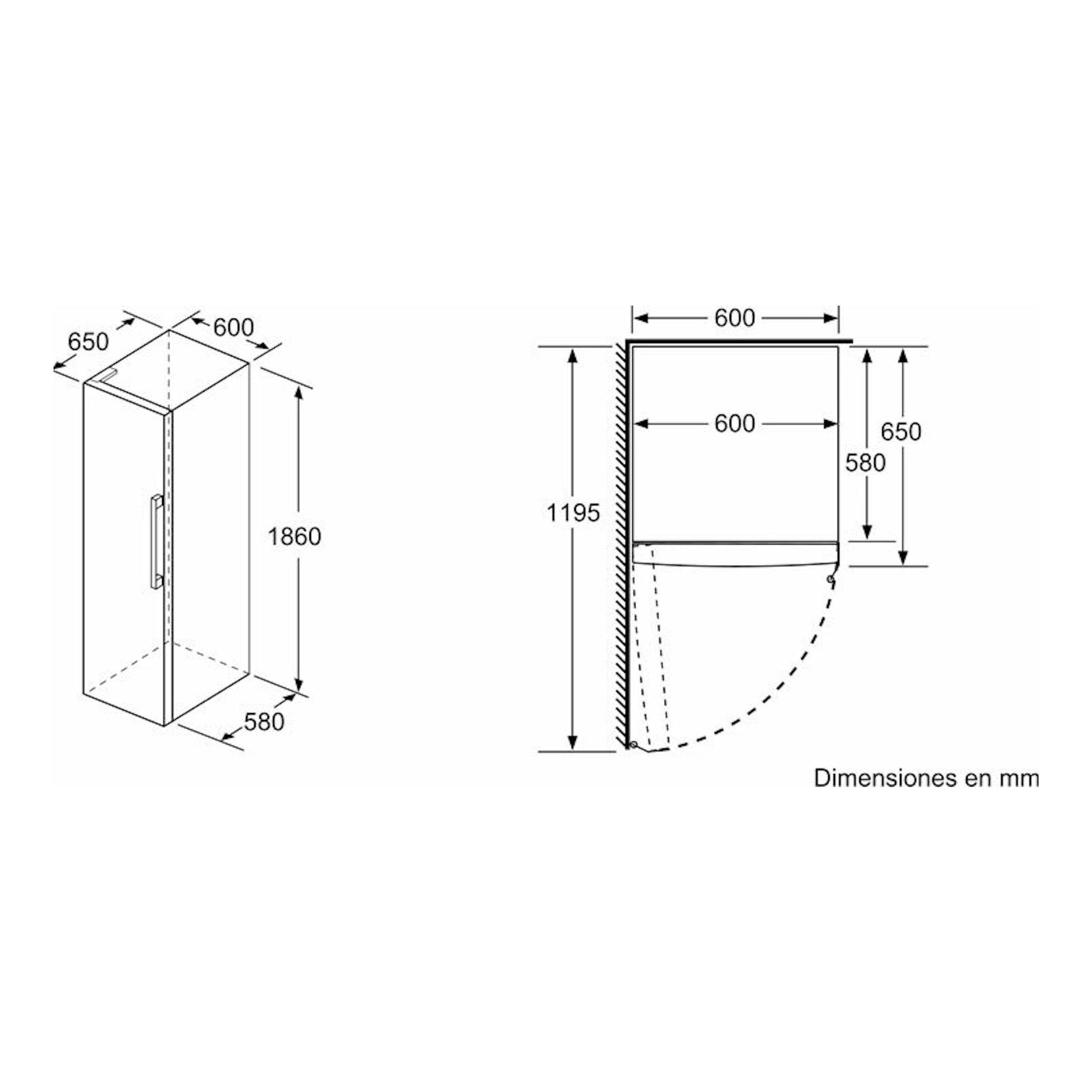 Diagrama de dimensiones del frigorífico Balay 3FCE553ME, vista isométrica y lateral, 1860 x 600 x 650 mm.
