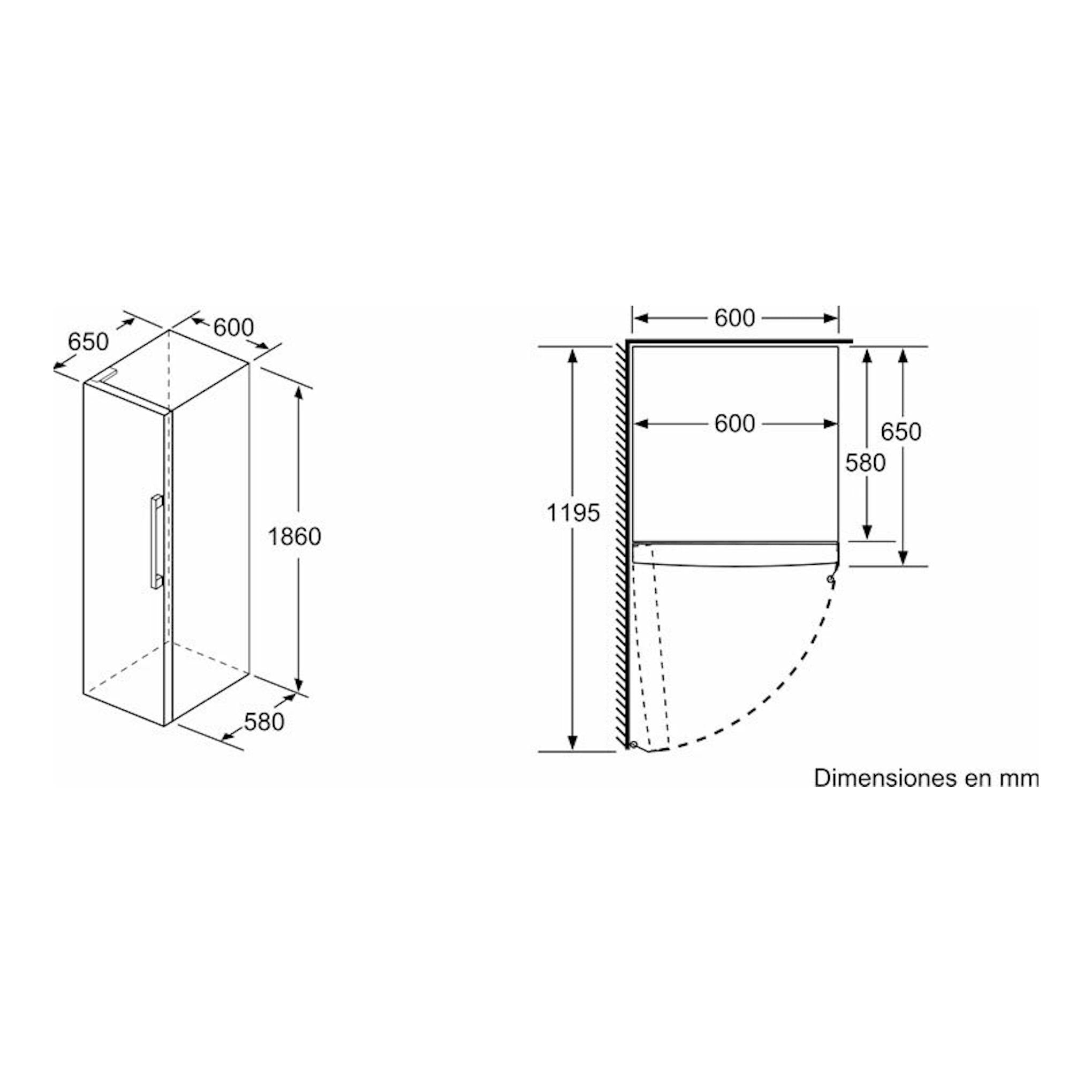 Diagrama de dimensiones del frigorífico Balay 3FCE553ME, vista isométrica y lateral, 1860 x 600 x 650 mm.