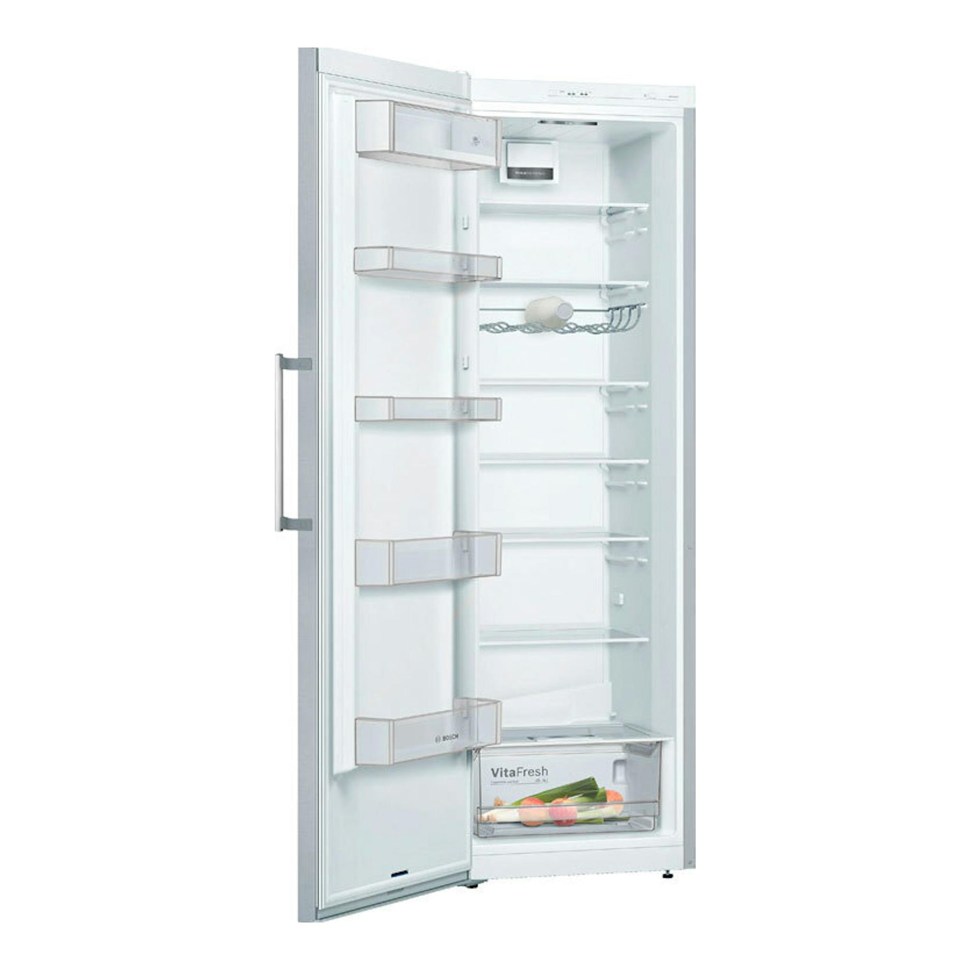Frigorífico Balay 3FCE553ME inox mate, puerta abierta en vista frontal, interior blanco con estantes y cajón.