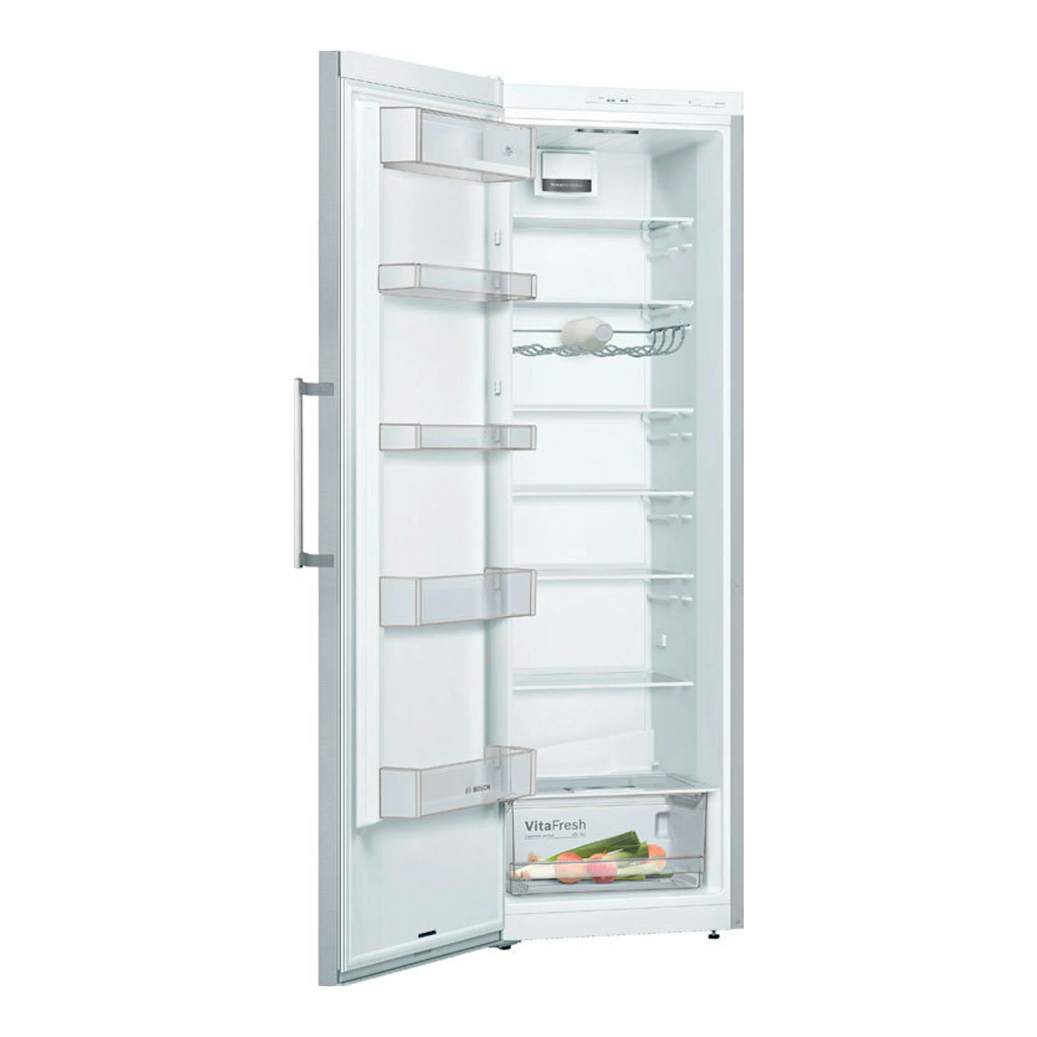 Frigorífico Balay 3FCE553ME inox mate, puerta abierta en vista frontal, interior blanco con estantes y cajón.