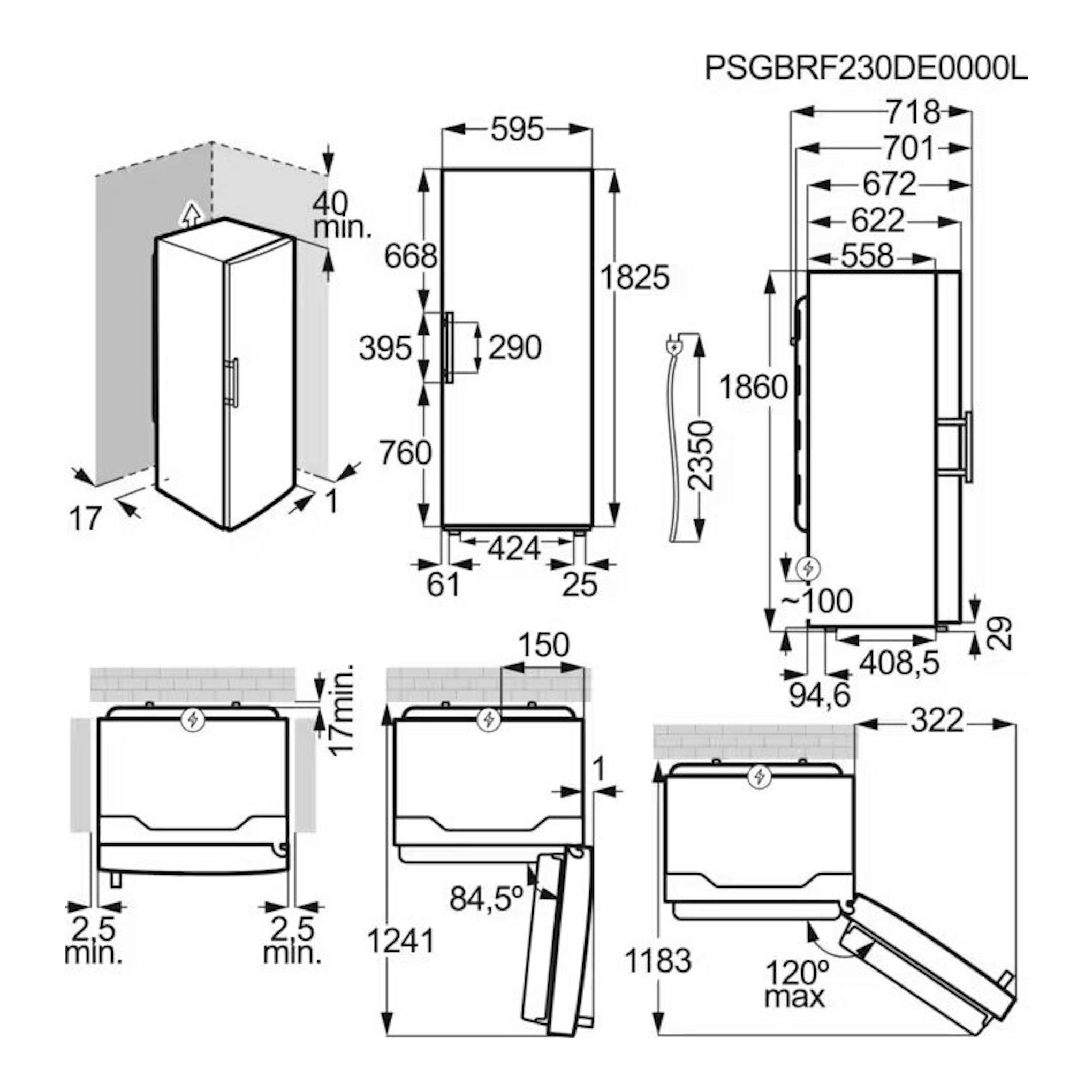 Plano técnico de frigorífico Electrolux LRS3DE39U Inox, vistas frontal, lateral y superior con medidas.