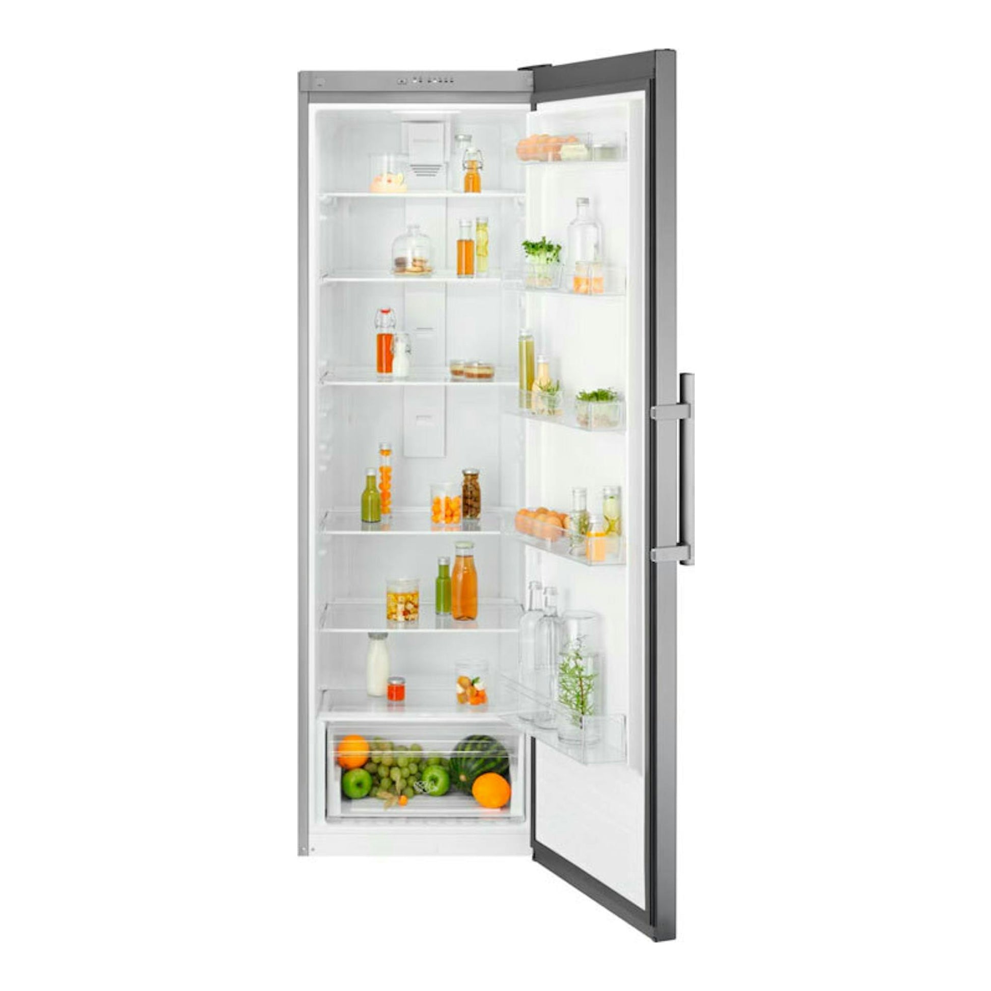Frigorífico Electrolux LRS3DE39U inox, vista frontal con puerta abierta y estantes interiores visibles.