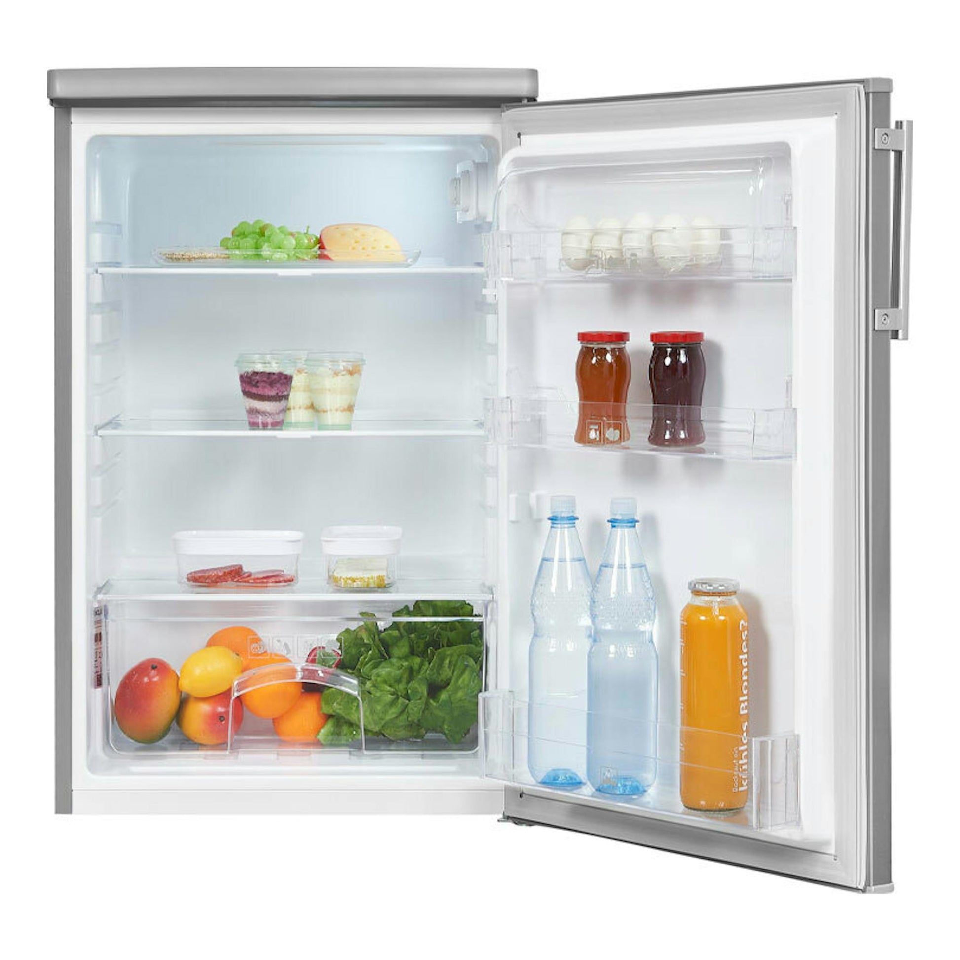 Frigorífico Exquisit KS 16-4-V-H 040E inox, vista frontal con la puerta abierta y estantes visibles.