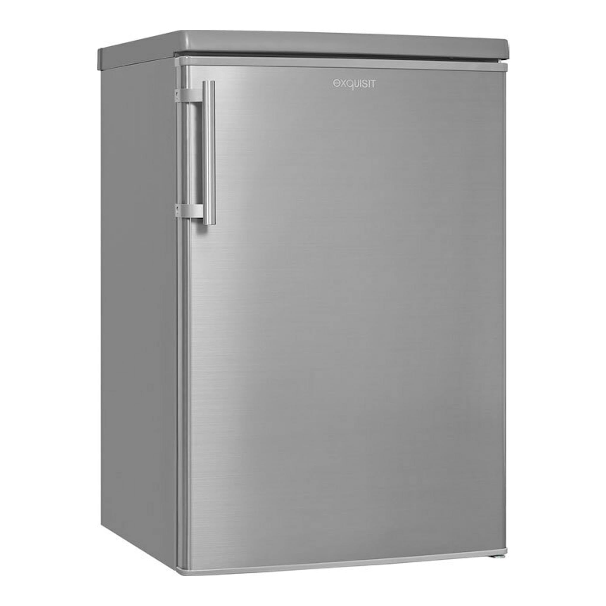 Frigorífico Exquisit KS 16-4-V-H 040E, una puerta, acabado inox, vista frontal ligeramente angulada.