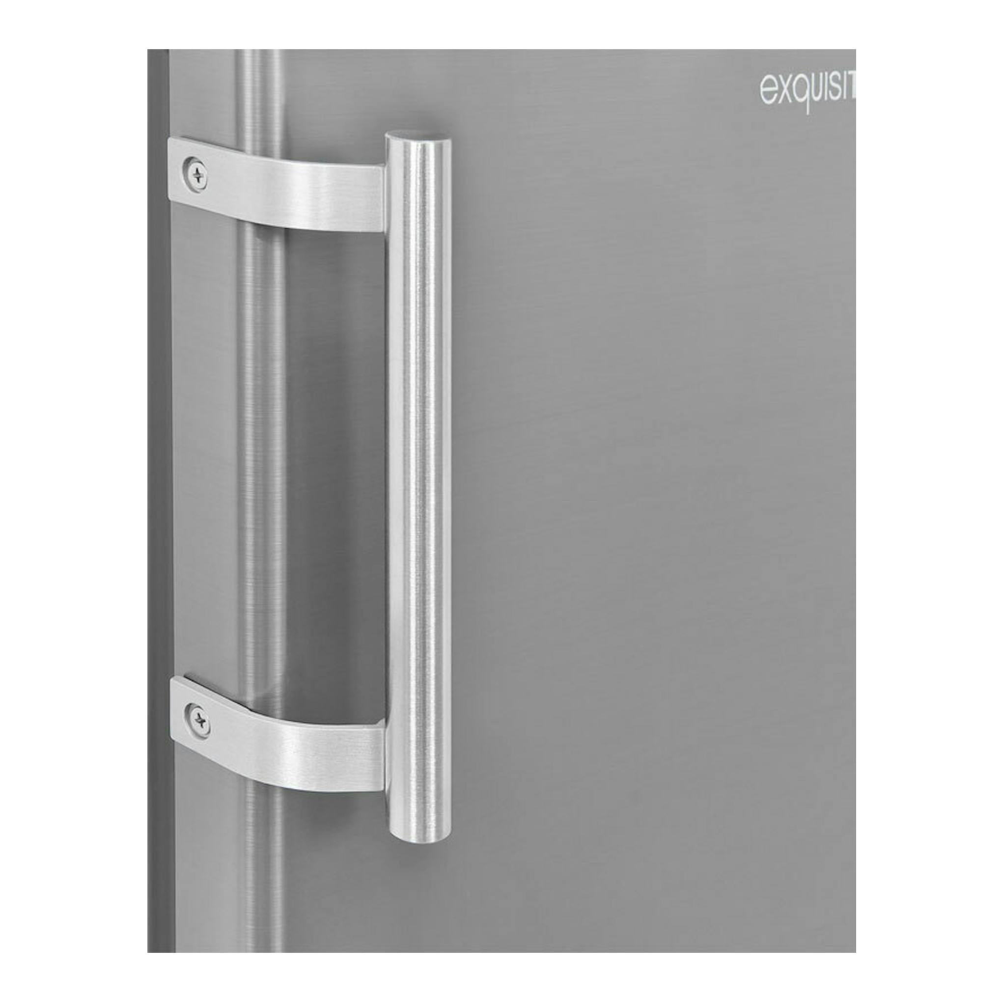Frigorífico Exquisit KS 16-4-V-H 040E inox, vista frontal parcial de la puerta con tirador metálico.
