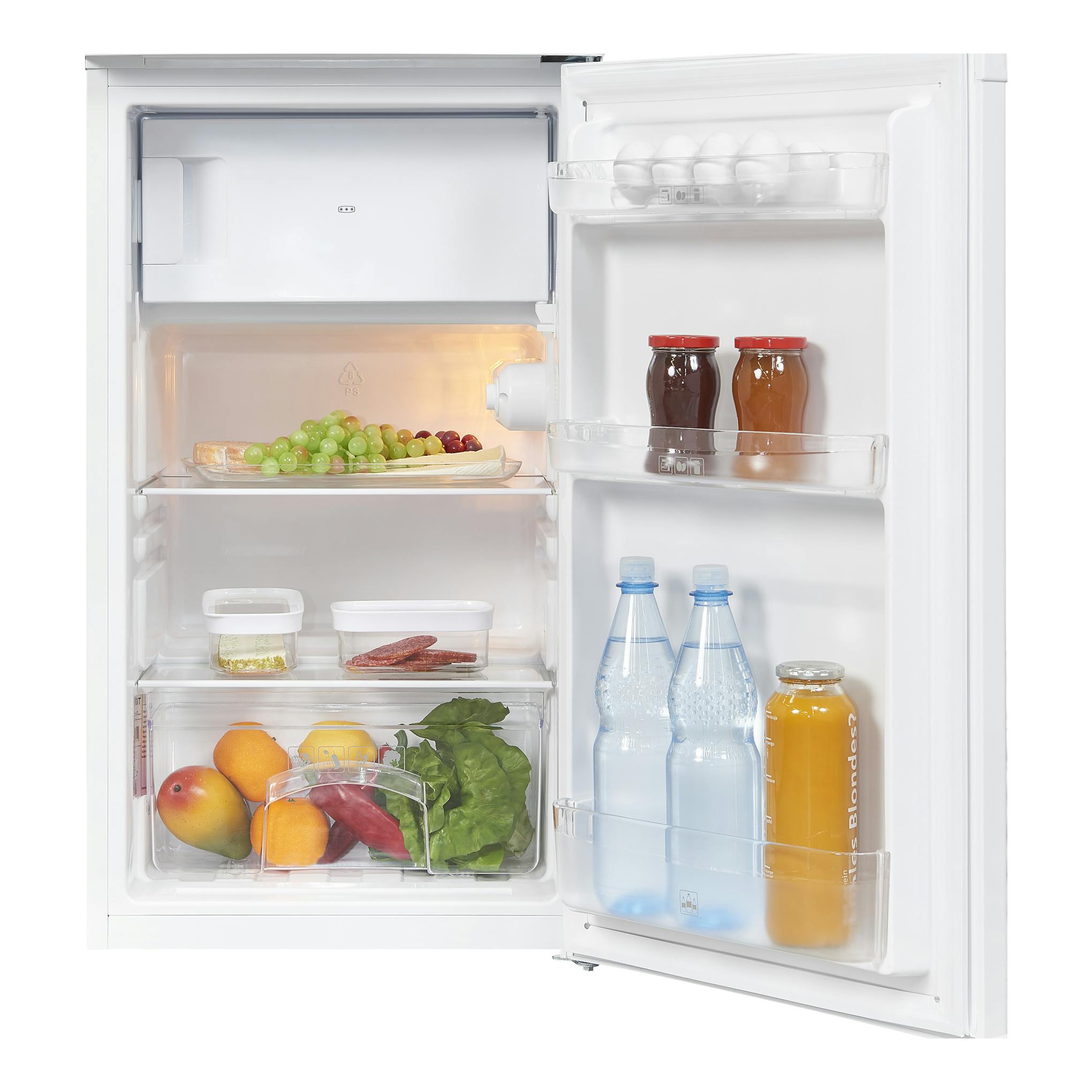Frigorífico blanco Exquisit KS117-3-040E, vista frontal con puerta abierta y alimentos en estantes y puerta.