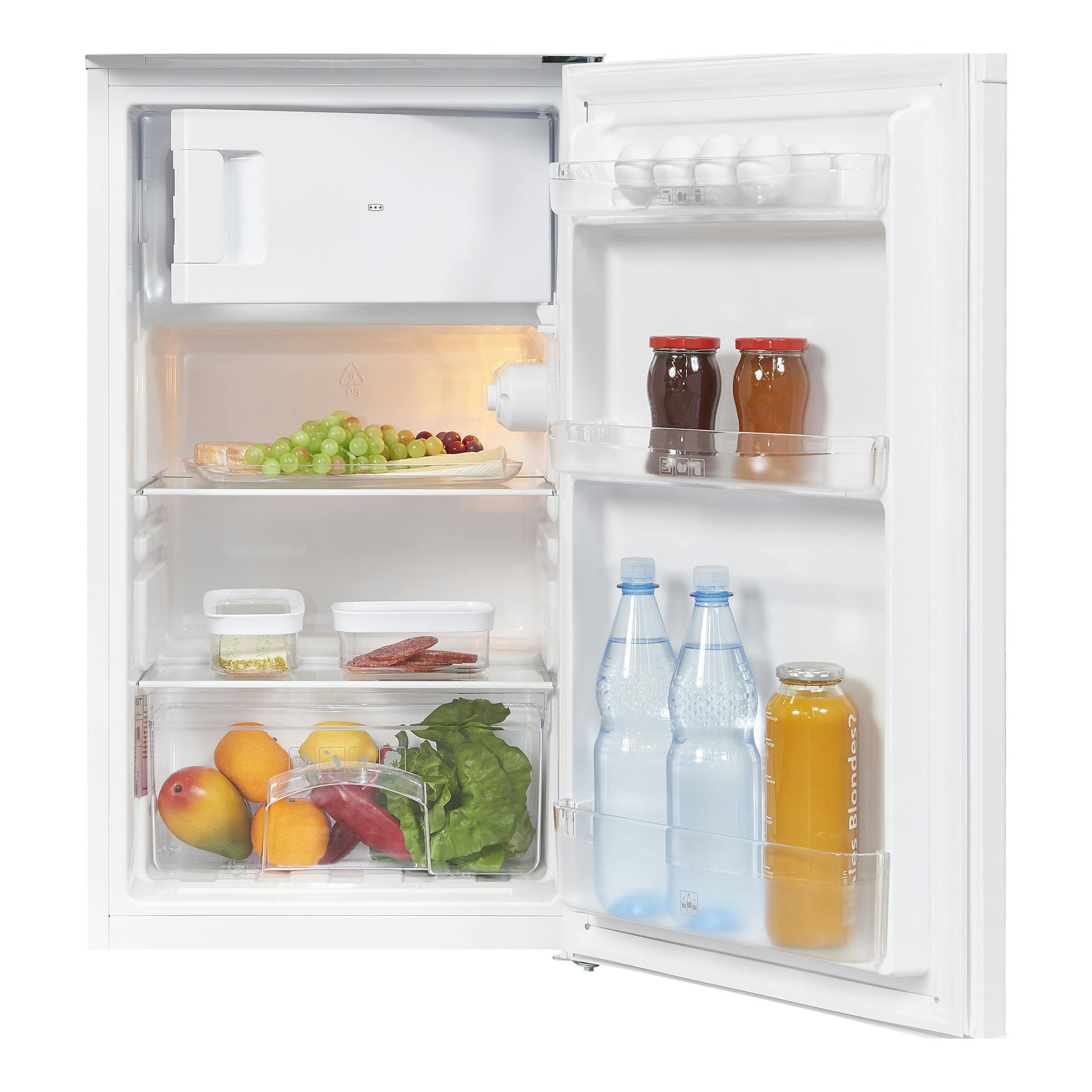 Frigorífico blanco Exquisit KS117-3-040E abierto, con congelador interior, frutas y botellas visibles.