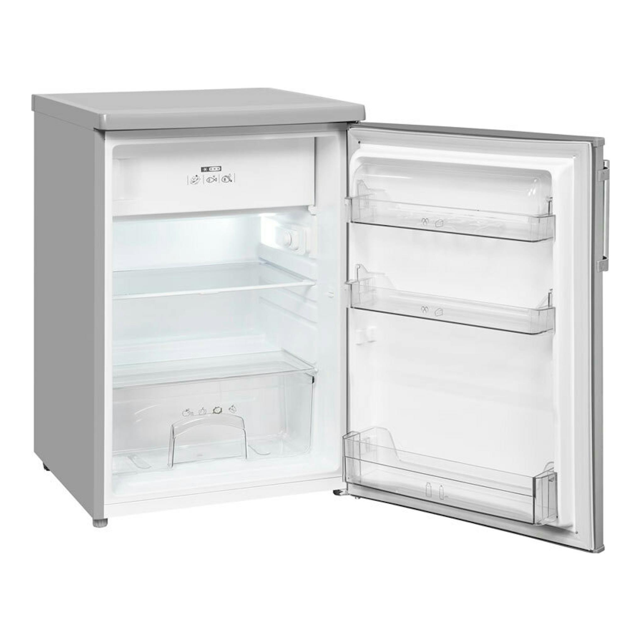 Frigorífico Exquisit KS16-4-HE-040E inox, vista frontal en tres cuartos, puerta abierta, interior visible.