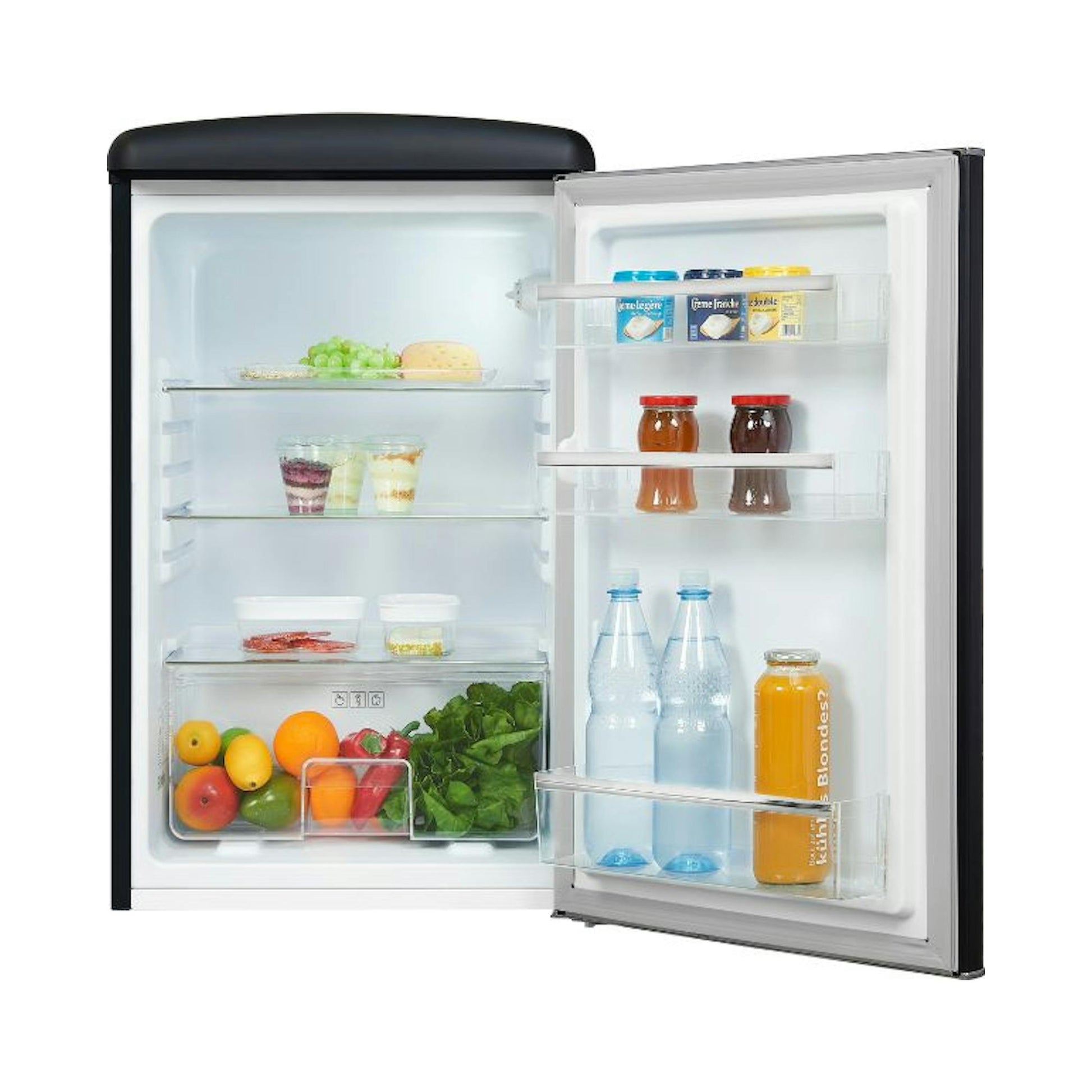 Frigorífico Exquisit RKS120-V-H-160E negro mate, de una puerta, con la puerta abierta y estantes visibles.
